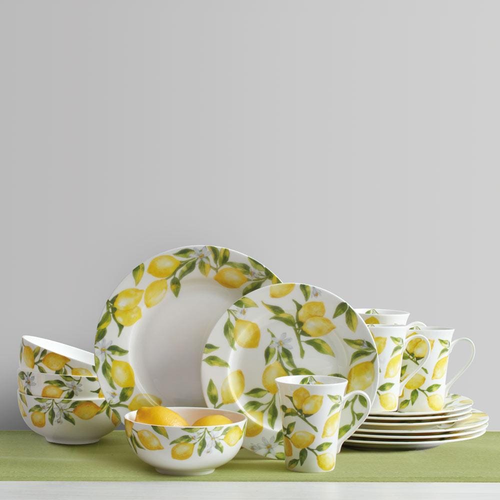 16-Piece Lemon Print Dinnerware Set - Service for 4, Porcelain Plates Bowls & Mugs - Perfect for Family Dining, Kitchen Decor & Dinner Parties