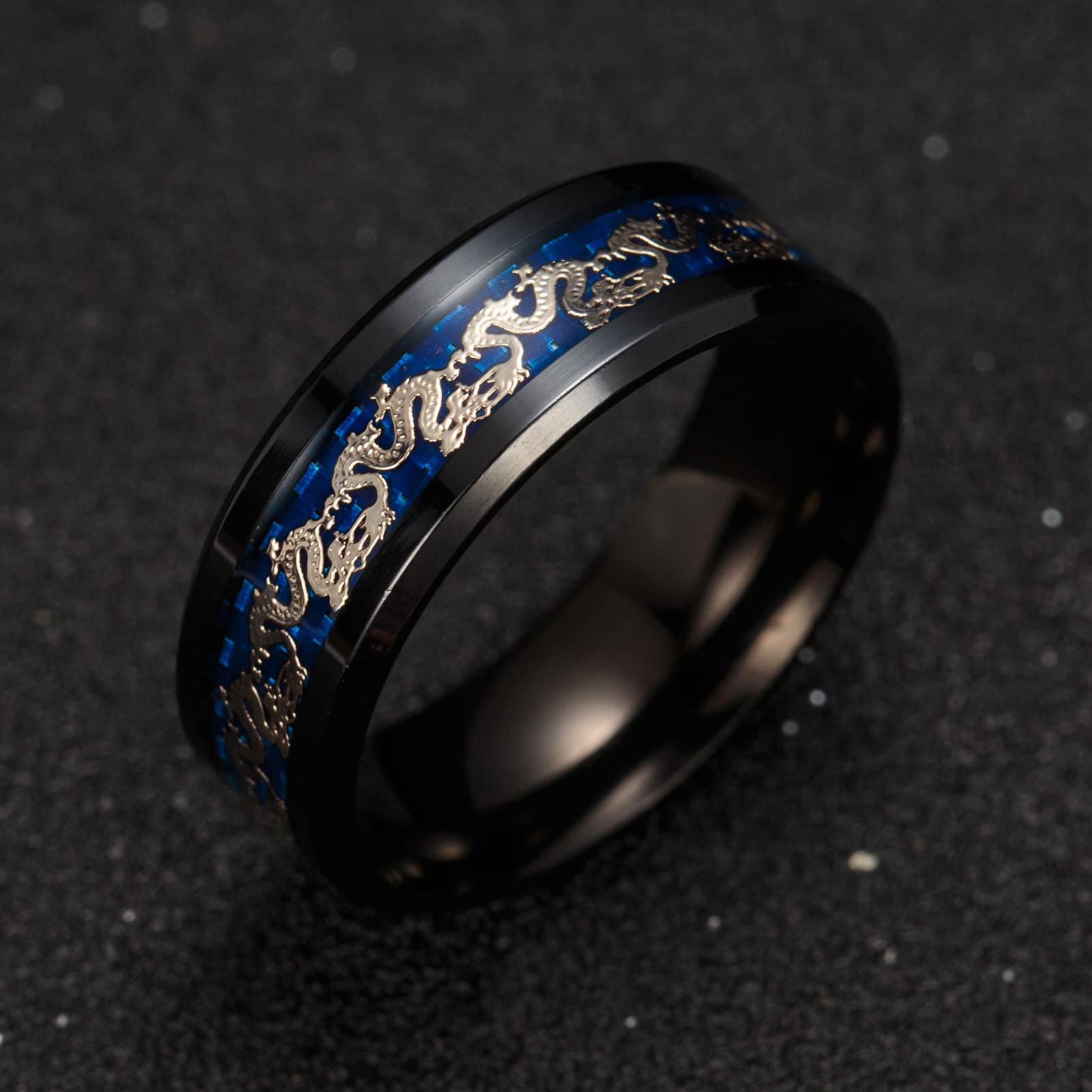 Premium Titanium Steel Dragon Ring for Men - Inlaid Gold & Blue Black Celtic Design - Durable & Stylish Jewelry for Gifts, Parties, and Fashion Accessories