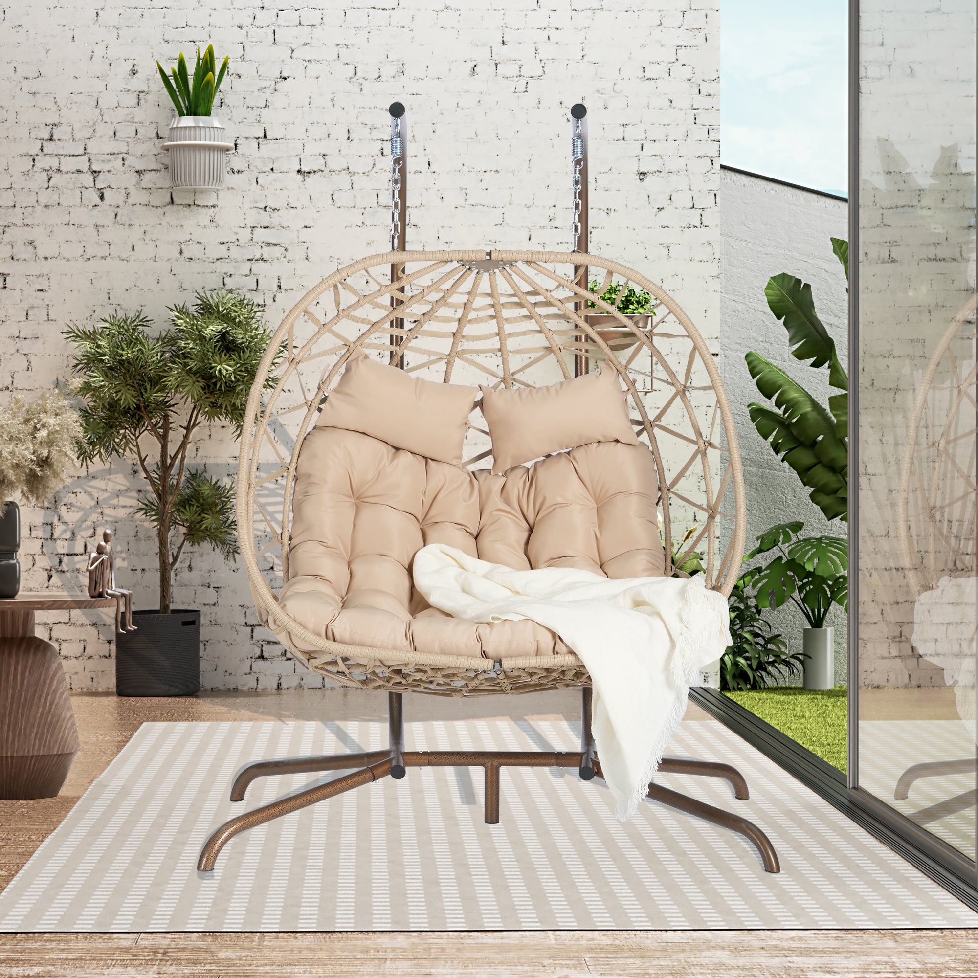 Double Egg Chair with Stand - Indoor/Outdoor Wicker Rattan Hanging Swing Chair with UV-Resistant Cushions (600 lbs Capacity) - Perfect for Bedroom, Balcony, Patio, Garden & Backyard Relaxation