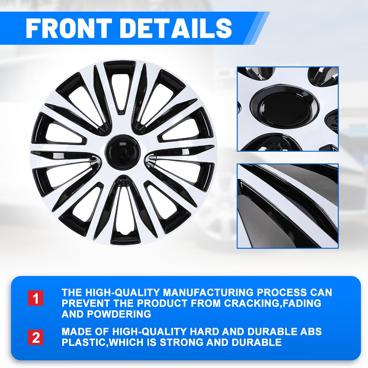 Universal 15 Inch ABS Wheel Rim Covers - Snap-On Hubcaps for Cars, Trucks & SUVs - Durable Black & White Lacquer Design - Set of 4 - Perfect for Tire Rim Replacement & Vehicle Customization