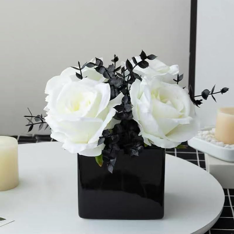 LADADA Artificial Roses in Small Ceramic Vases - White Plastic Flowers for Home, Office & Wedding Decor - Perfect for Table Centerpieces and Interior Design