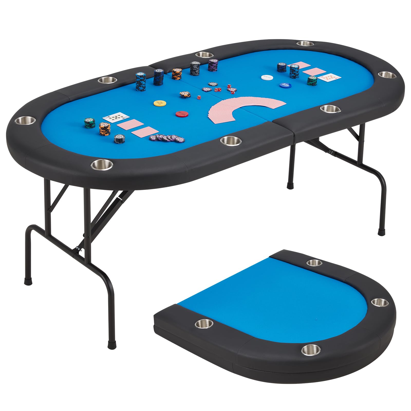 Foldable Poker Table for 8 Players - ECOTOUGE Portable Texas Holdem Table with Stainless Steel Cup Holders & Storage Bag - Casino Game Table for Blackjack & Poker Nights - Fully Assembled Blue Oval Table - Perfect for Home Game Nights & Casino Parties