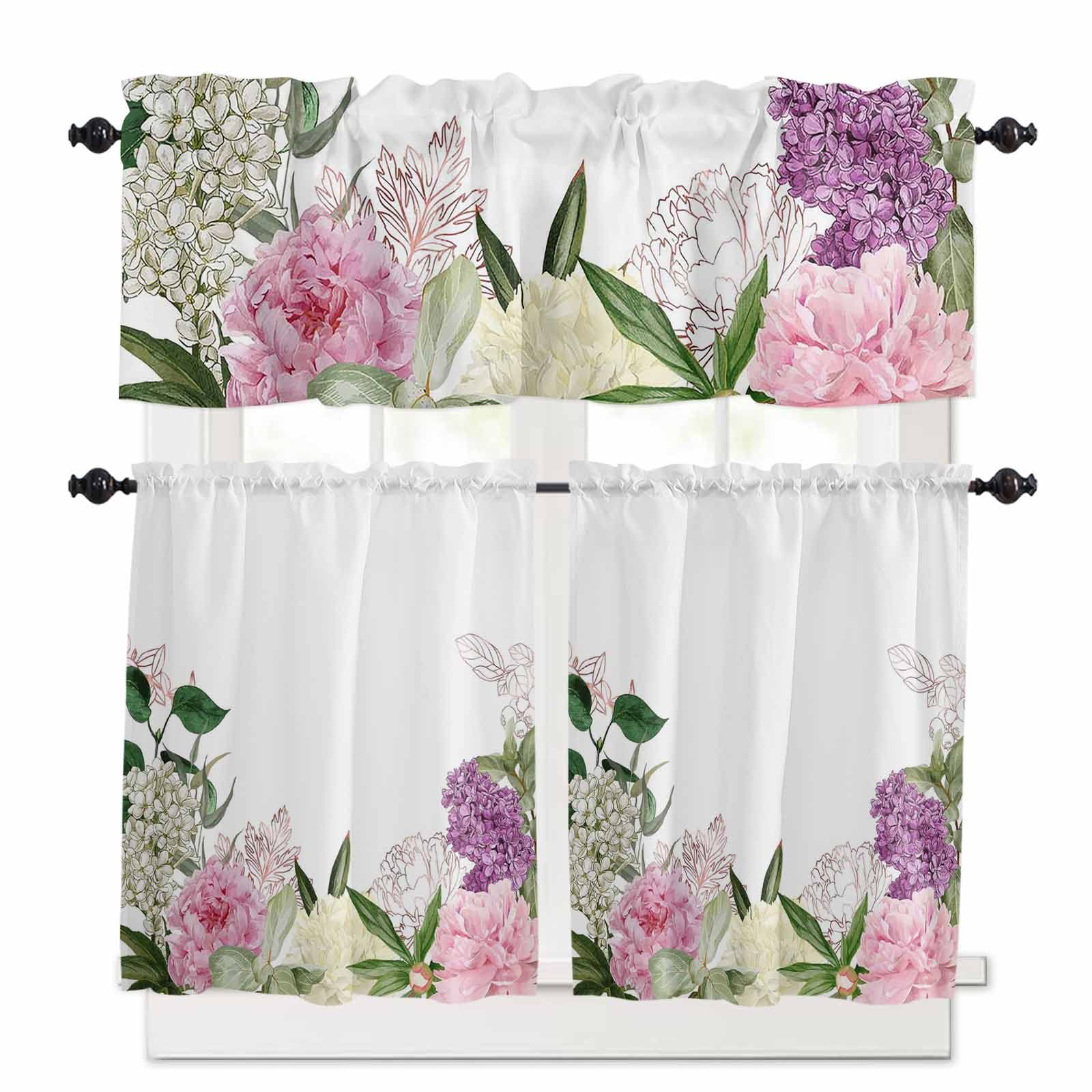Spring Floral Kitchen Curtains 24 Inch Length - Rod Pocket Tier & Valance Set with Blooming Roses, 54