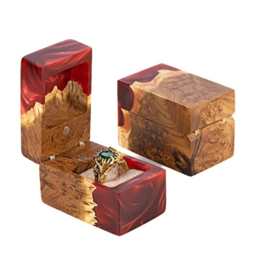 Luxury Resin & Wood Engagement Ring Box - Unique Proposal Ring Holder, Elegant Wooden Gift Box for Jewelry Display (Ruby Red Pearl, Single Ring Box) - Perfect for Proposals, Weddings & Anniversary Gifts
