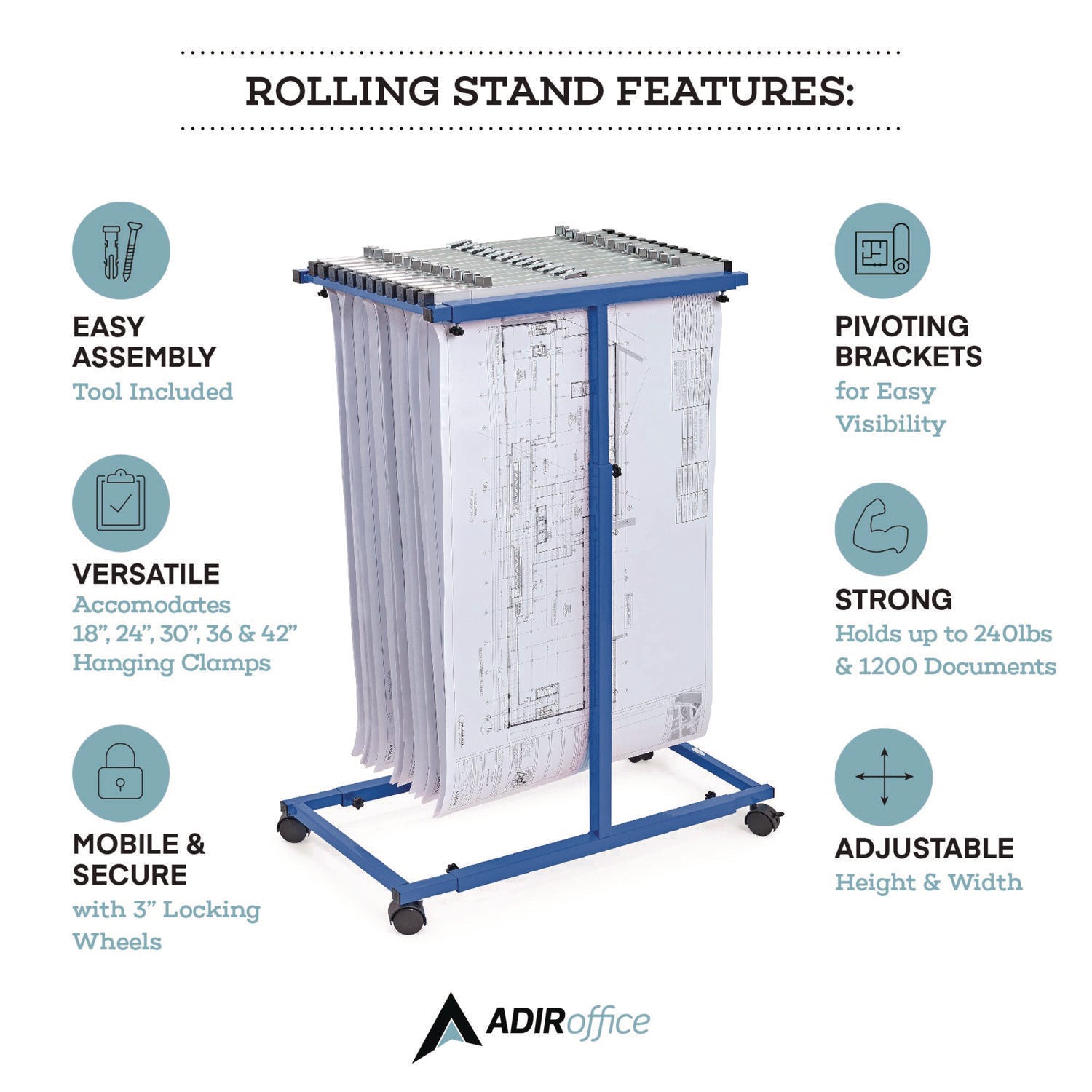 AdirOffice Blueprint Storage Cabinet - Heavy Duty Steel Vertical File Organizer for Large Documents 15x27 to 47.25x57 Inches - Blue | Perfect for Architects, Engineers & Construction Sites - Office & Workspace Organization Solution