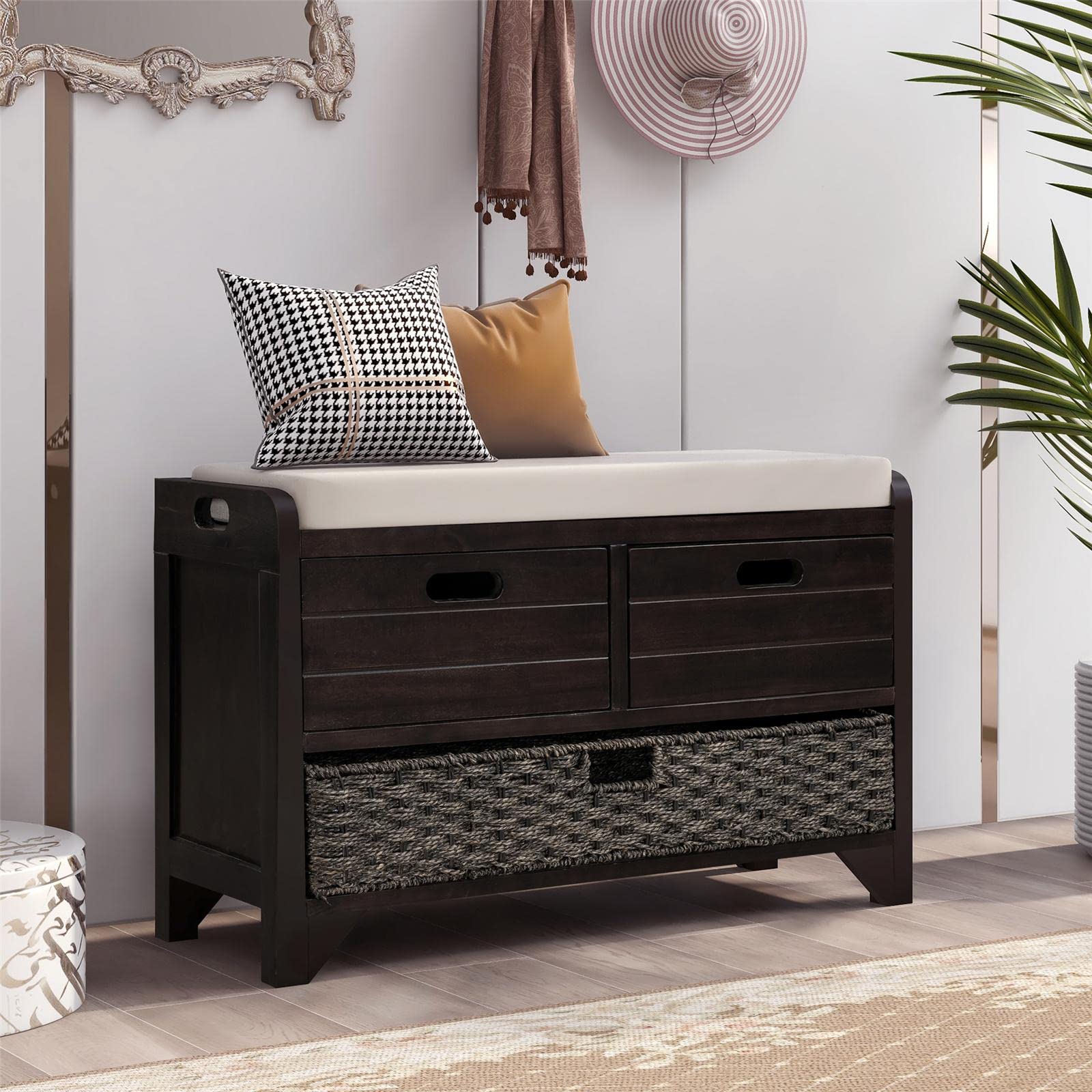 JINS&VICO Entryway Storage Bench with Removable Basket & 2 Drawers - Shoe Organizer Bench with Cushion for Hallway, Living Room - Fully Assembled Espresso Brown - Perfect for Small Space Organization & Entryway Decor