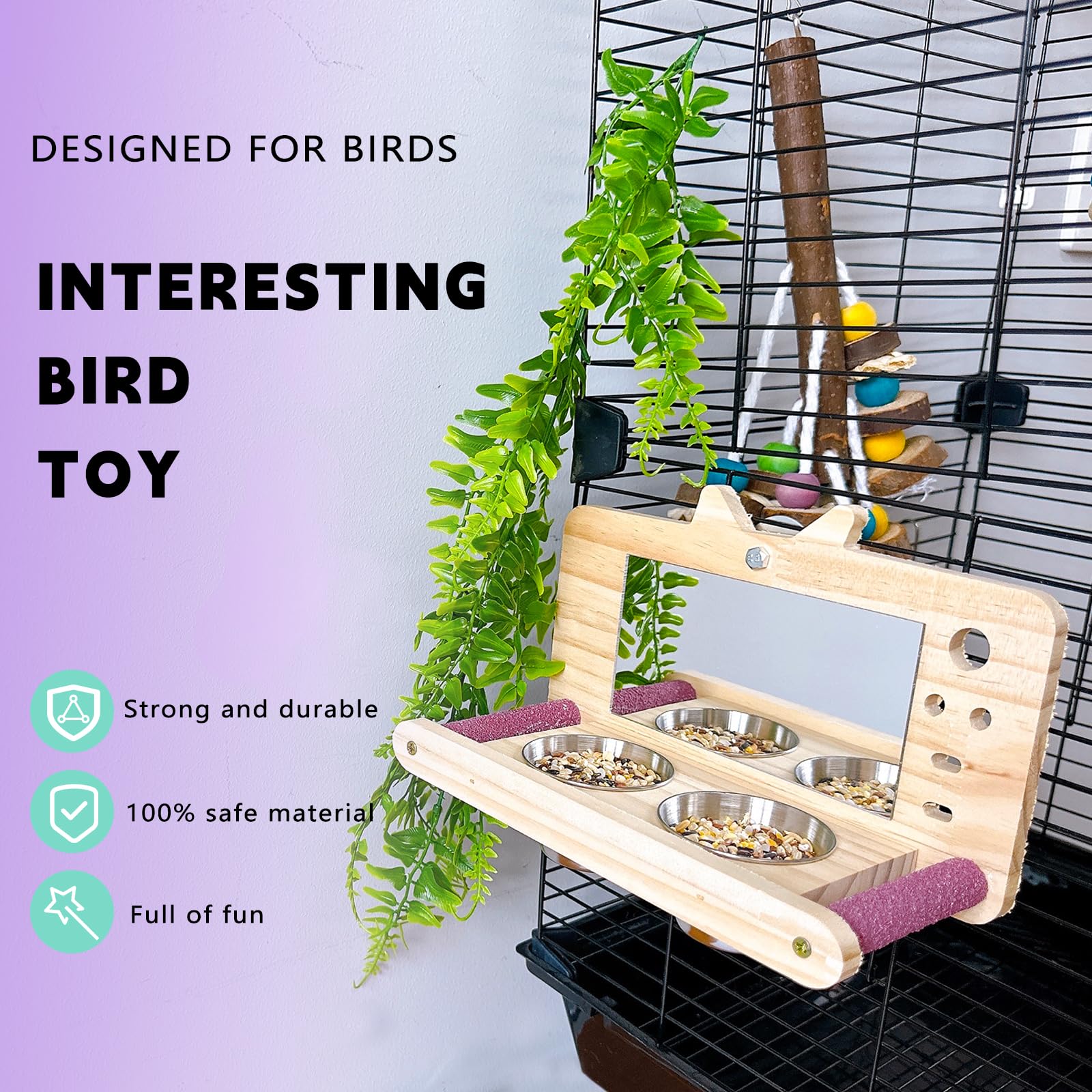 Wooden Parrot Perch with Mirror & Feeding Cups - Bird Cage Swing Toy for Lovebirds, Parakeets, Conures, Cockatiels - Fun Play & Exercise for Pet Birds