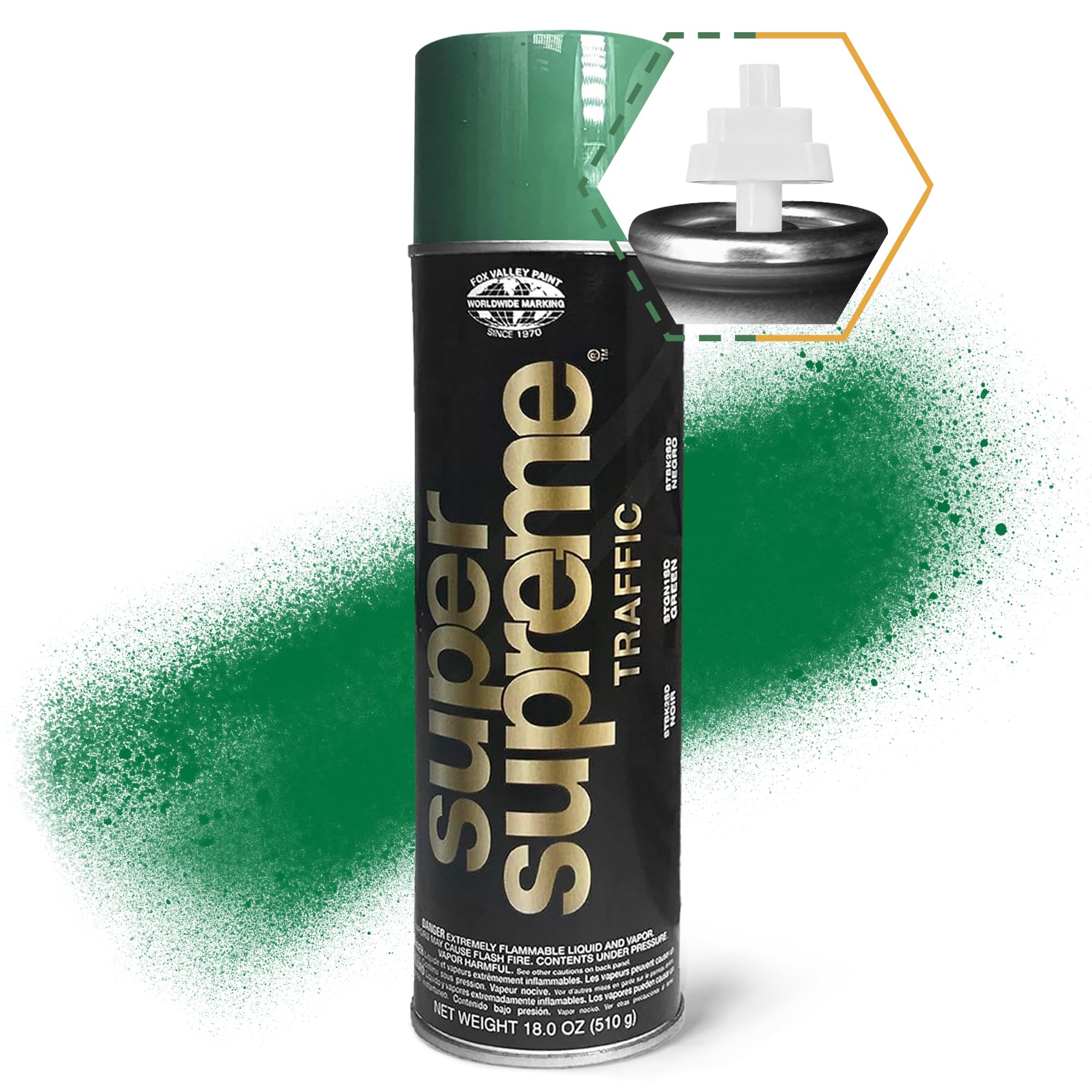Fox Valley Super Supreme Traffic Spray Paint - 18 oz (Pack of 12), Green - High-Performance Road Marking Paint for Parking Lots, Sidewalks, Warehouses & Factory Floors - Easy to Use, Durable & Weather-Resistant - Perfect for DIY Projects, Construction Sites & Industrial Applications