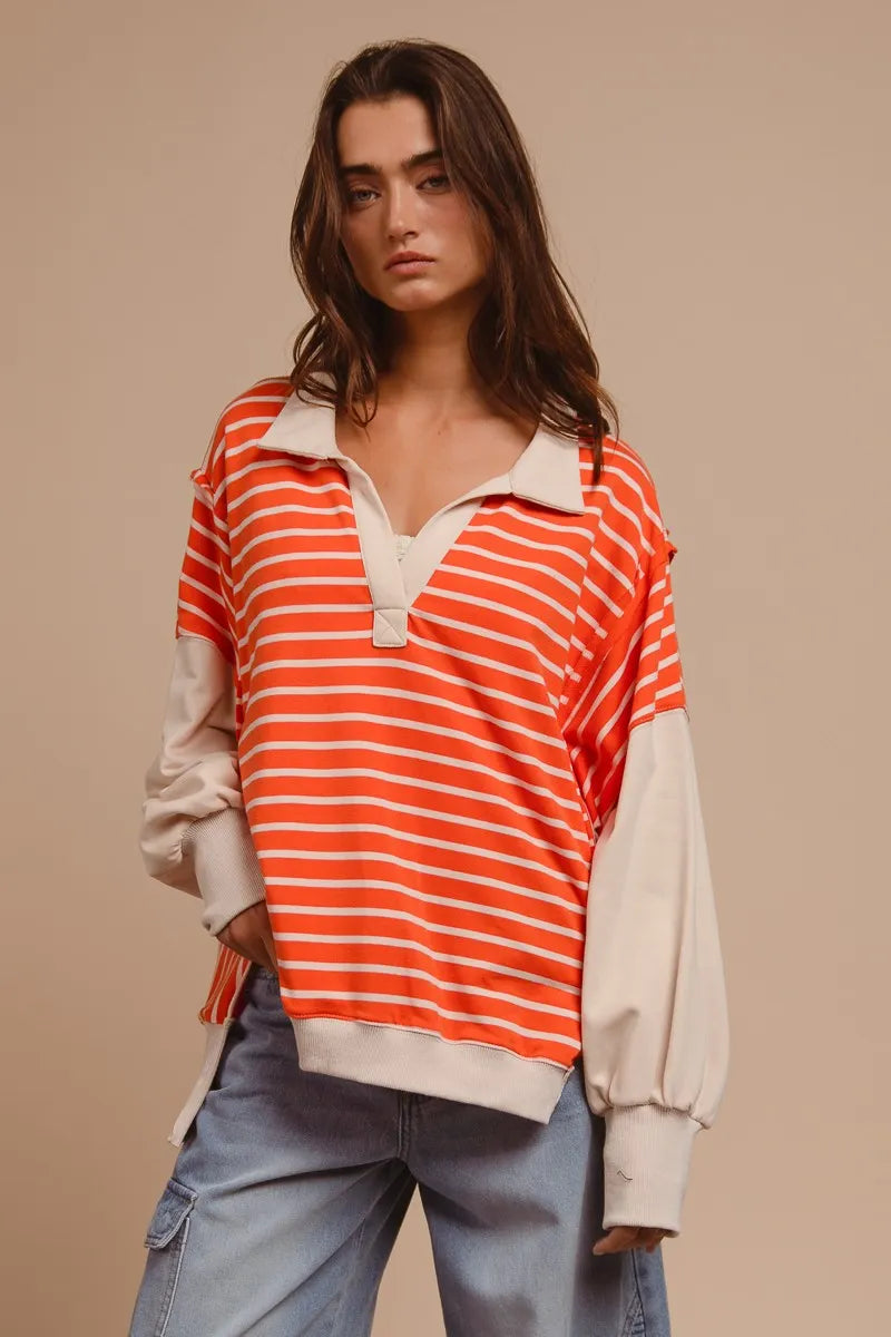 BiBi Stripe Knit Loose Fit T-Shirt with Cut Edge Detail - Casual Women's Top for Everyday Wear, Outings & Layering