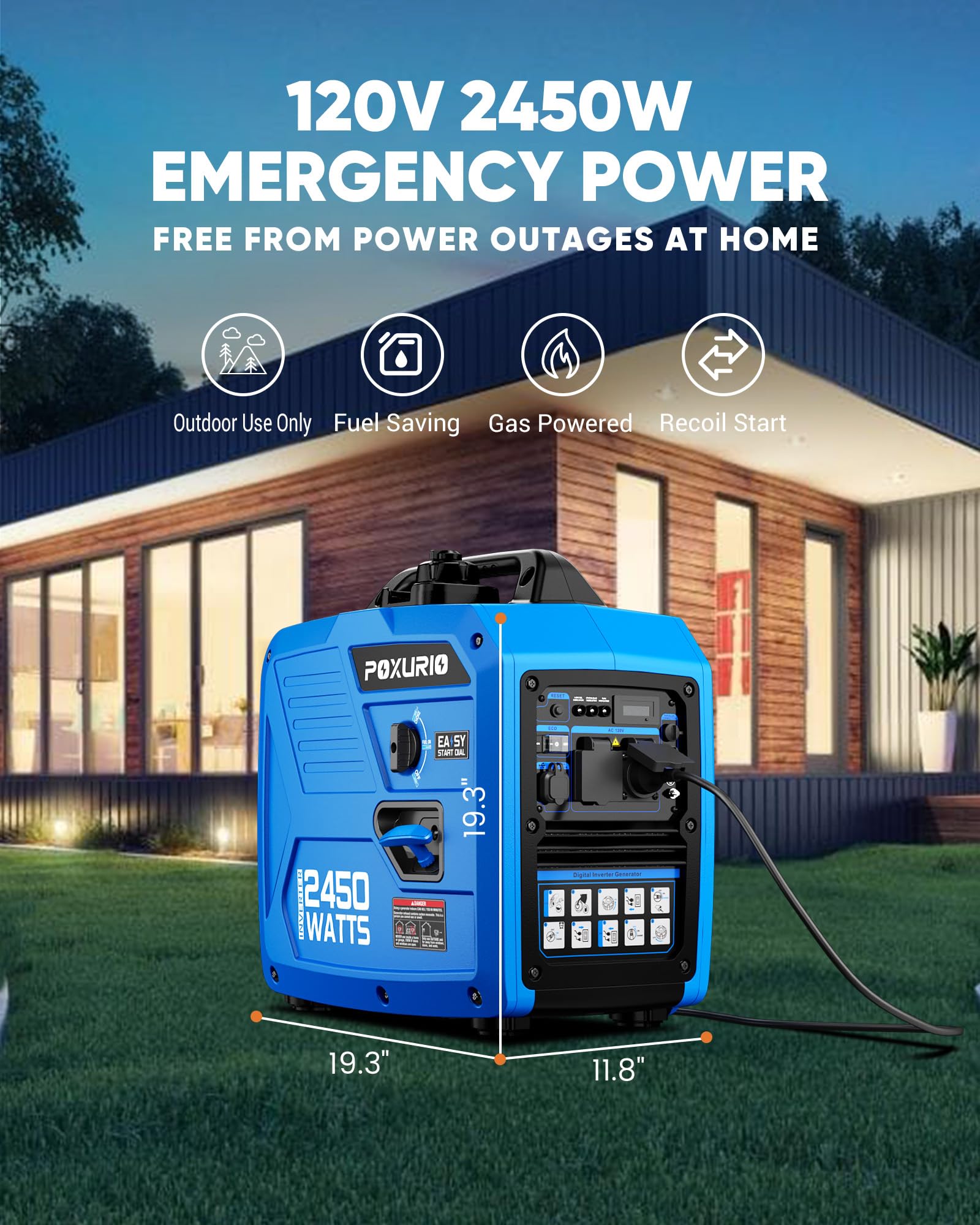2450W Portable Inverter Generator - Ultra Quiet Gas Powered Generator with 1.6 Gallon Fuel Tank (8.3H Runtime) | 120V EPA Compliant for Camping, RV Trips & Emergency Home Backup Power