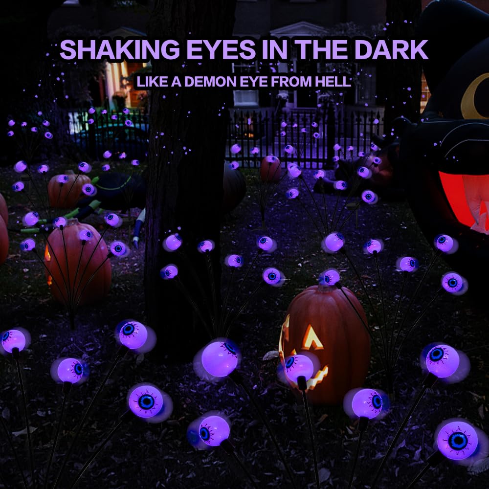 2 Pack Scary Eyeballs Solar Garden Lights - Halloween Outdoor Decor with 12 LED Purple Swaying Firefly, Waterproof Lawn & Patio Party Decorations - Perfect for Spooky Yard, Garden & Halloween Party Decor