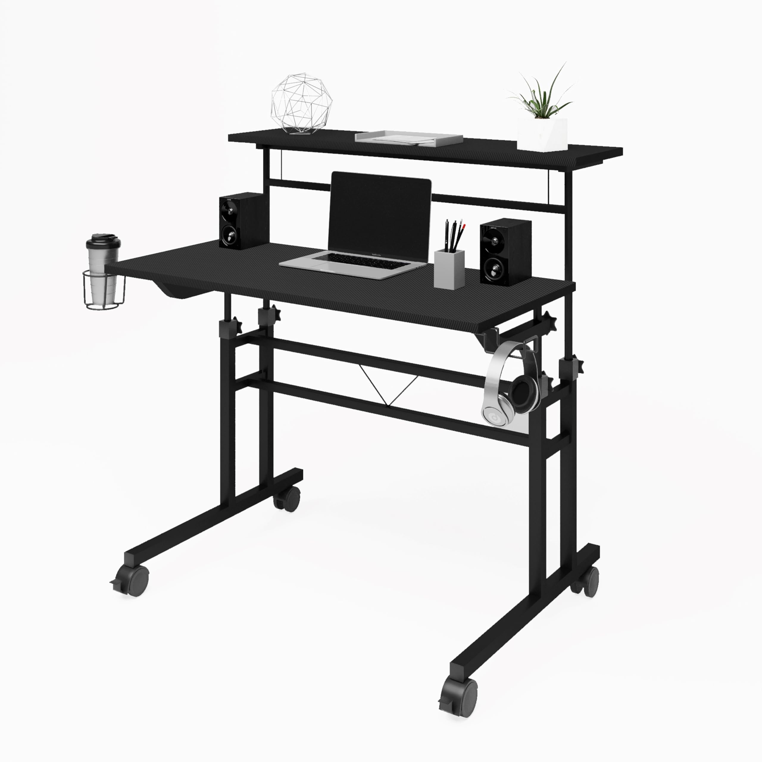 Techni Mobili Adjustable Height Rolling Standing Desk with Wheels - 2-Tier Mobile Office & Gaming Desk with Cup Holder - Black - Perfect for Home Office, Gaming Setup & Small Spaces