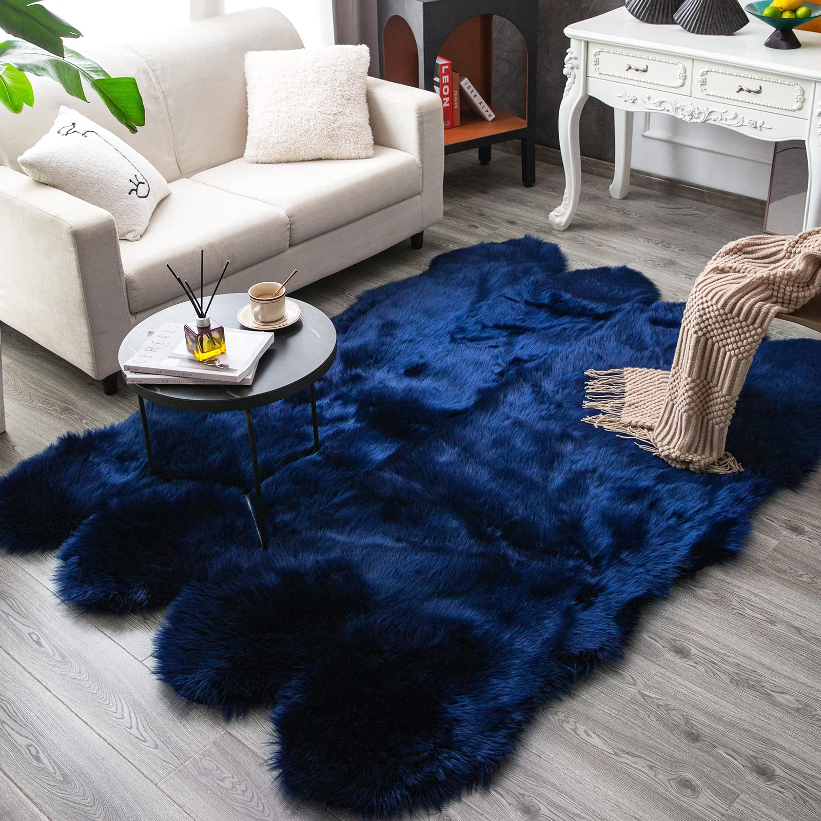 Luxury Soft Fluffy Faux Fur Sheepskin Area Rug - 5x7 Feet Navy Blue Shaggy Carpet for Bedroom, Living Room & Nursery - Cozy Floor Mat for Home Decor, Kids Play Area & Pet-Friendly Space