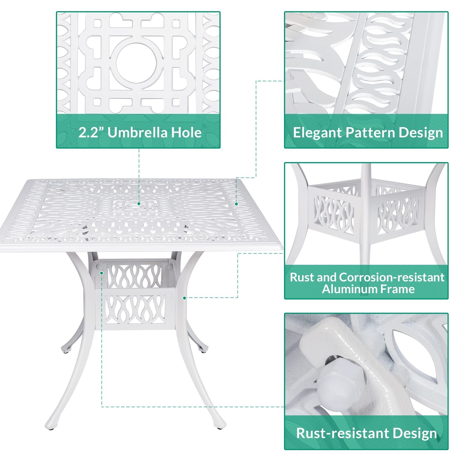 VIVIJASON 5-Piece Outdoor Patio Dining Set - All-Weather Cast Aluminum Conversation Set with 4 Swivel Chairs & 1 Square Table (Umbrella Hole) - White Patio Furniture for Balcony, Lawn, Garden - Perfect for Backyard BBQs, Poolside Relaxation & Outdoor Entertaining