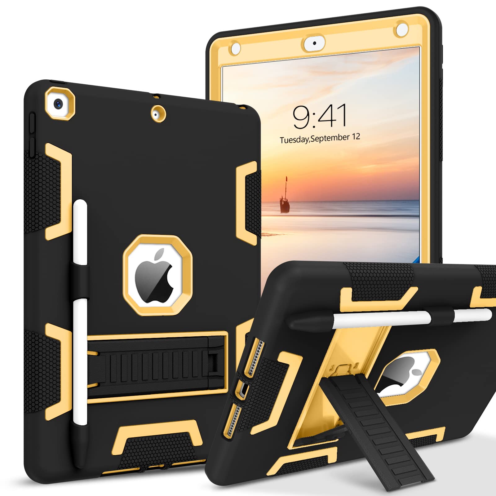 Shockproof Protective Case for iPad 9th/8th/7th Generation 10.2 inch - Soft Silicone & Hard PC Cover with Pencil Holder & Kickstand (Black/Yellow) - Perfect for Work, School & Travel