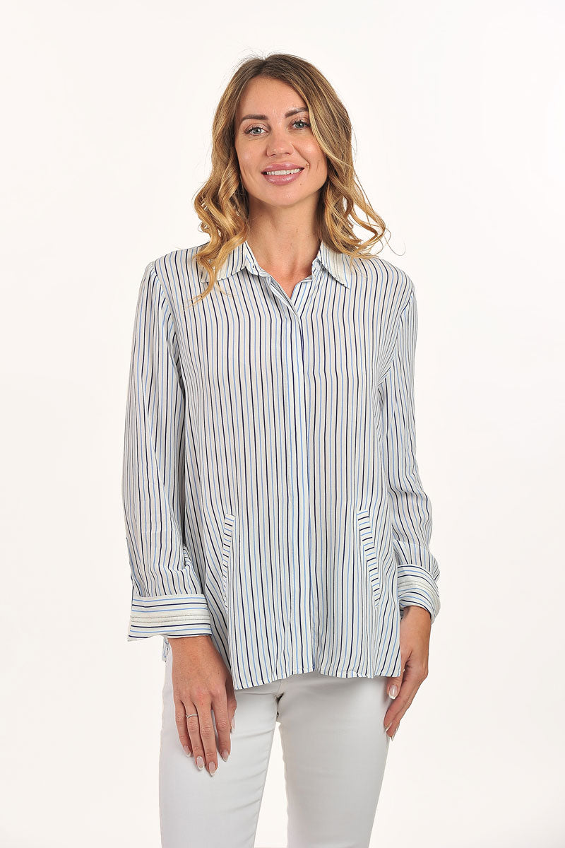 Lemon Grass Striped Blouse with Bead Detail - Women's Boho Chic Tunic Top for Casual Wear, Office & Summer Outfits