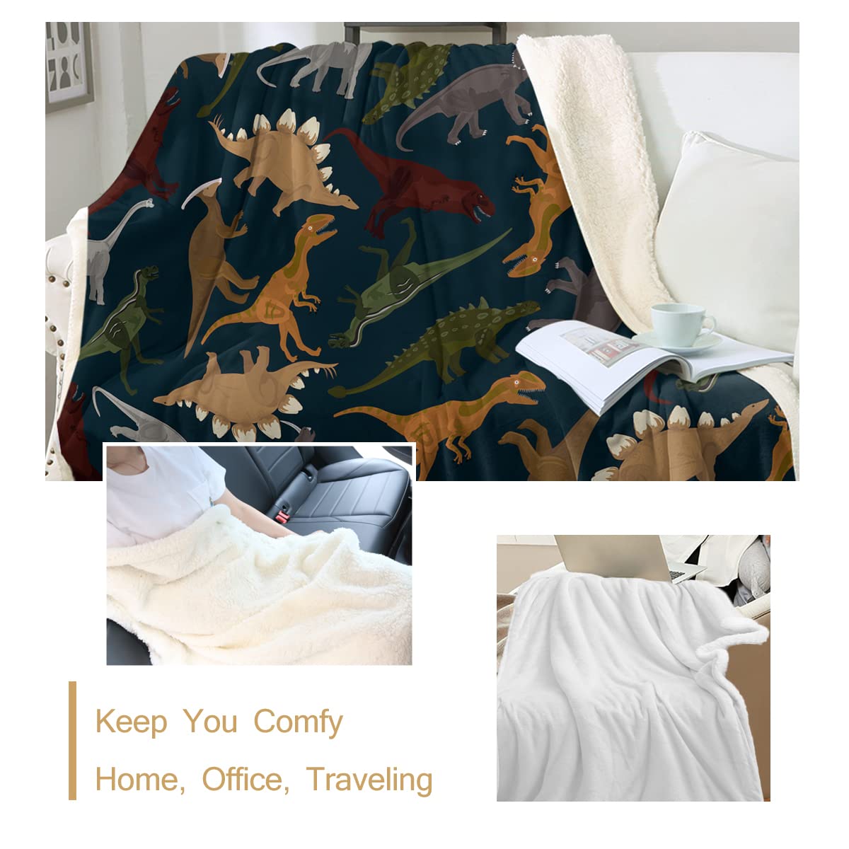 Sleepwish Jurassic Dinosaur Fleece Blanket for Kids & Teens - Soft Cozy Sherpa Throw with Green & Brown Dino Pattern - Twin Size 60x80 Inches - Perfect for Bedroom, Couch, Camping & Birthday Gifts (Navy Blue)