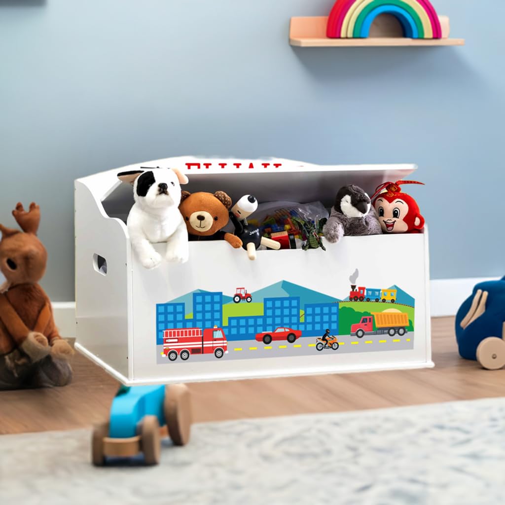 DIBSIES Personalized Creative Wonders Toy Box for Kids - Cars, Trucks, Planes & Trains Storage Organizer (White) | Perfect for Nursery, Playroom & Daycare Organization