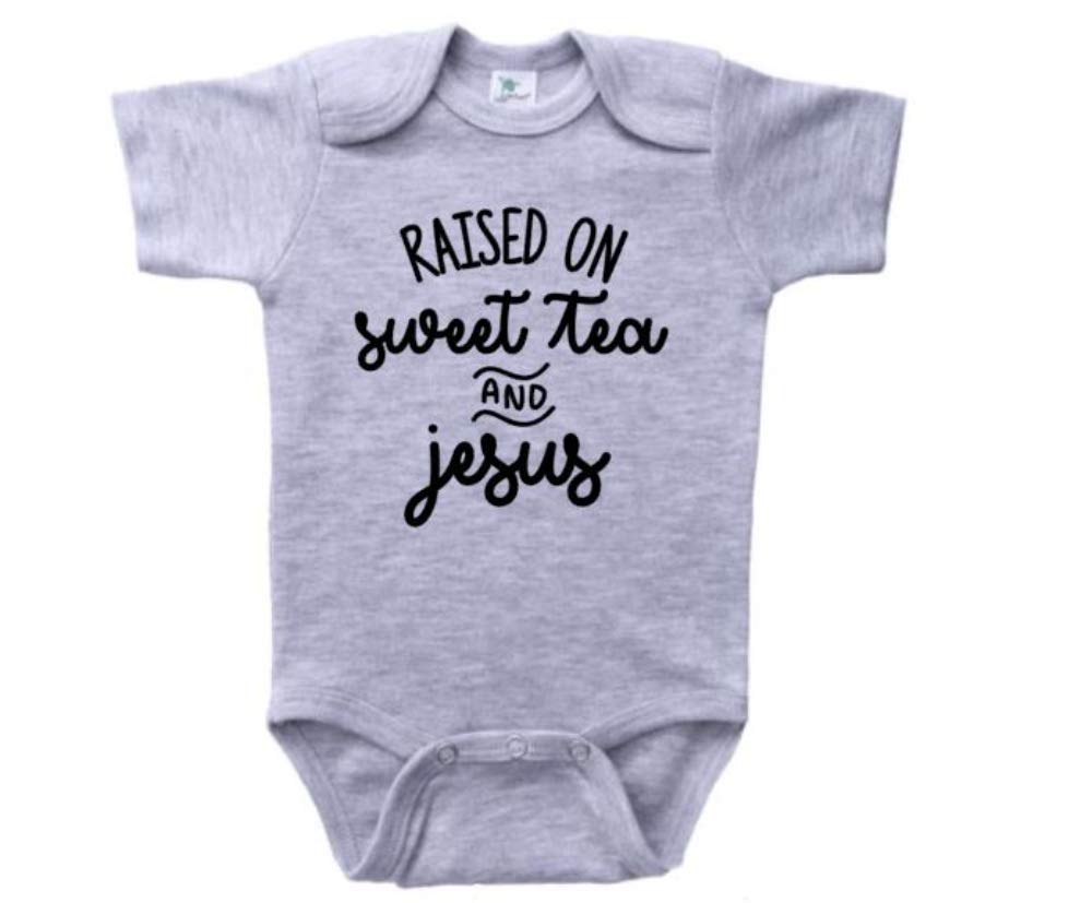 Raised On Sweet Tea and Jesus Baby Christian Apparel - Unisex Newborn Onesie for Baptism, Church, and Family Gatherings