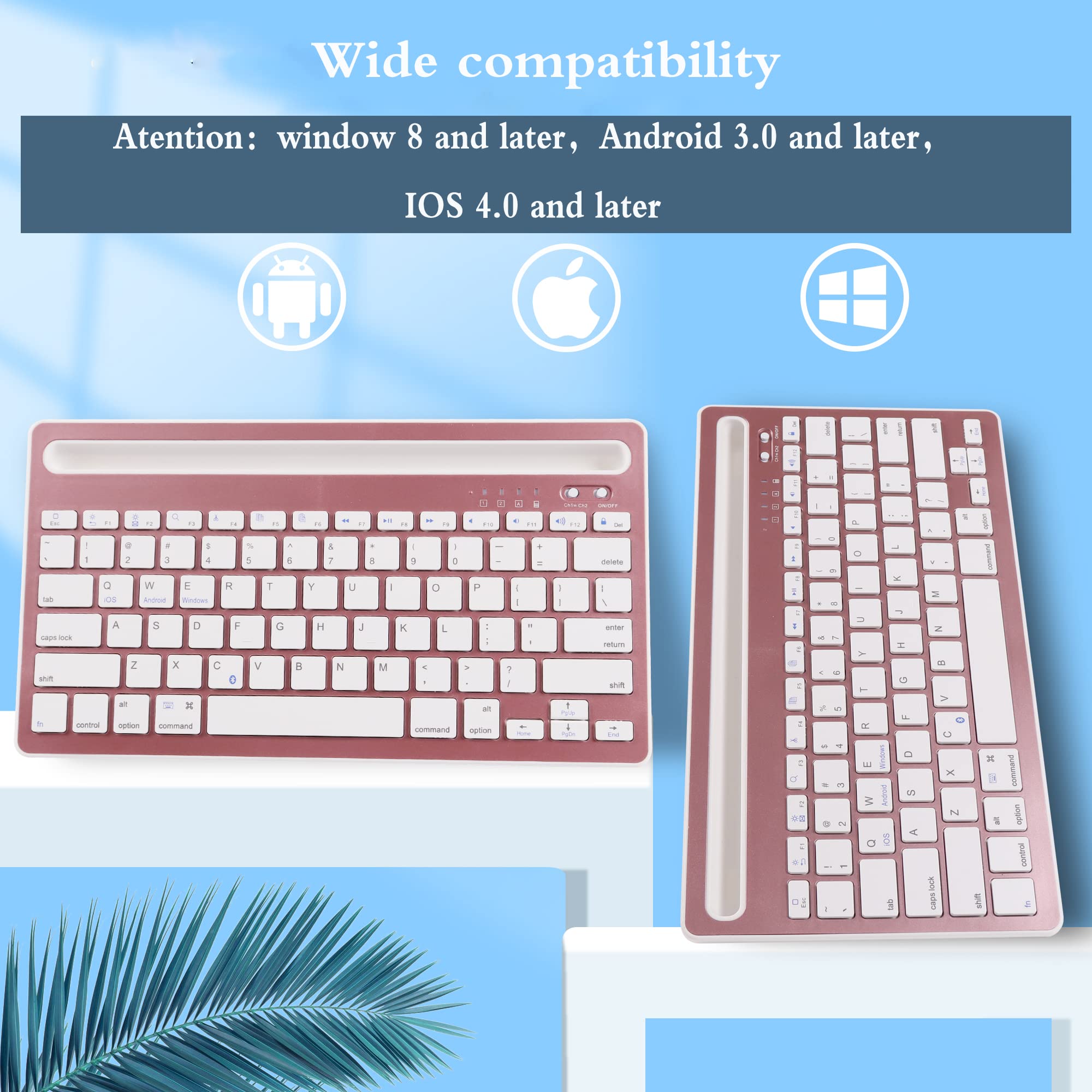 Rechargeable Bluetooth Keyboard for iPad, Tablet, Phone & Computer - Multi-Device Wireless Keyboard Compatible with Android, iOS, Windows - Quiet Typing for Office, Home & Travel - Rose Gold