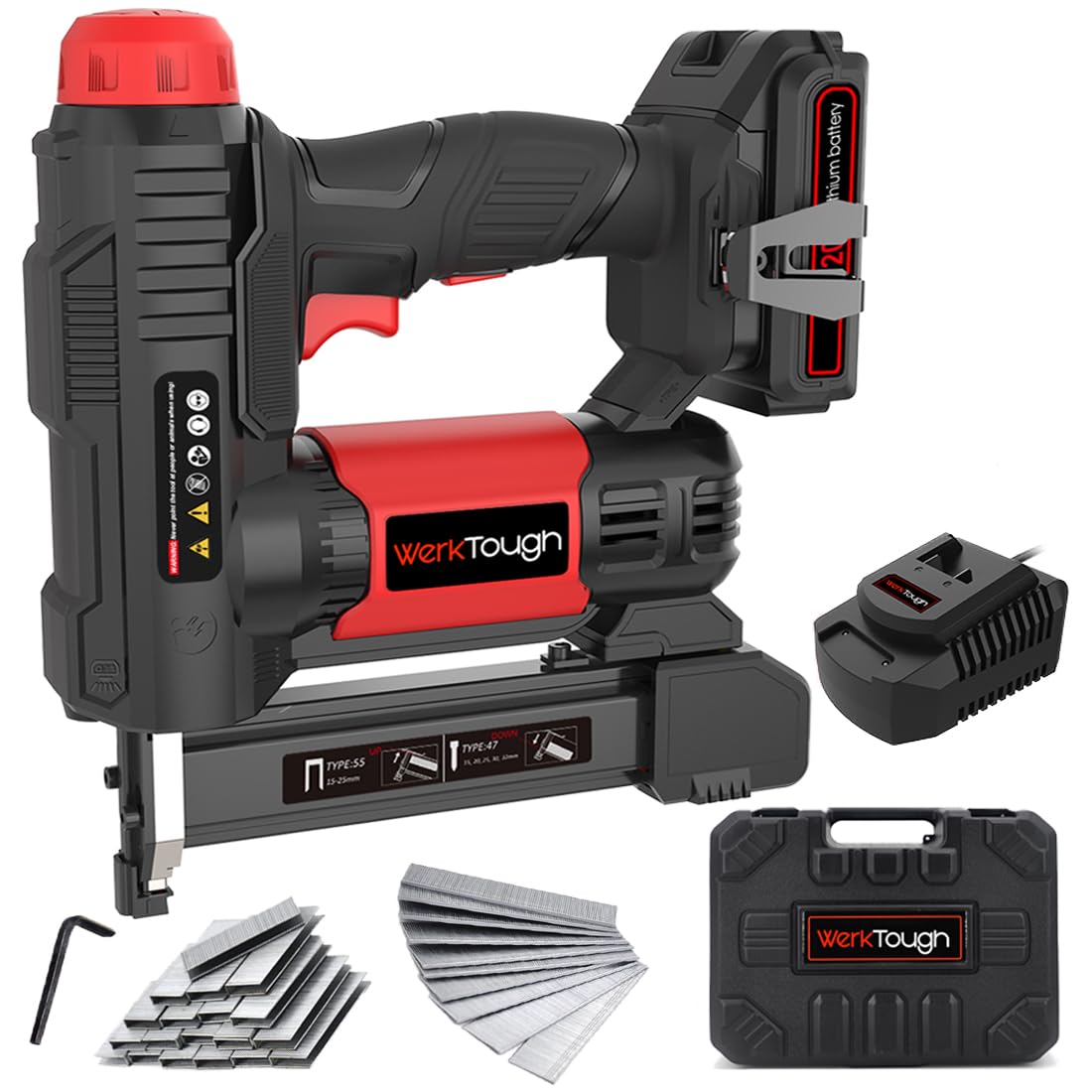 20V Cordless Staple Gun & Brad Nailer 2-in-1 Tool with Aluminum Magazine, 1-Hour Fast Charger, 2000mAh Lithium Battery & 2000pcs Free Staples (90 4/5