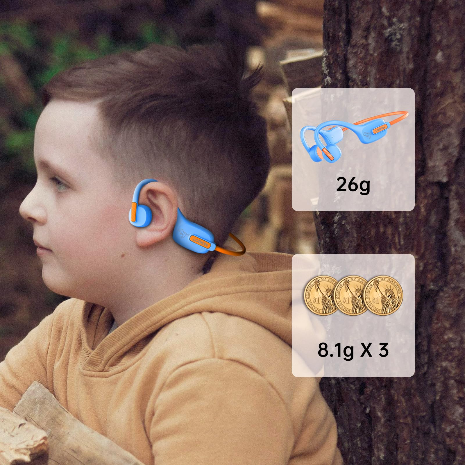 LOBKIN Kids Open Ear Bluetooth Headphones 5.3 Wireless - Lightweight Air Conduction Earbuds with Microphone, IPX5 Waterproof for School, Home, Outdoor Activities | Perfect Gift for Boys & Girls | Ideal for Online Classes, Travel & Sports
