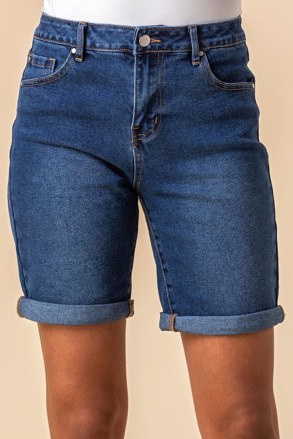 Roman Originals Women's High Waisted Denim Shorts with Pockets - Stretchy Cotton Mom Jeans Boyfriend Style, Frayed Hem Casual Skinny Pants for Summer Vacation, Beach, and Everyday Wear