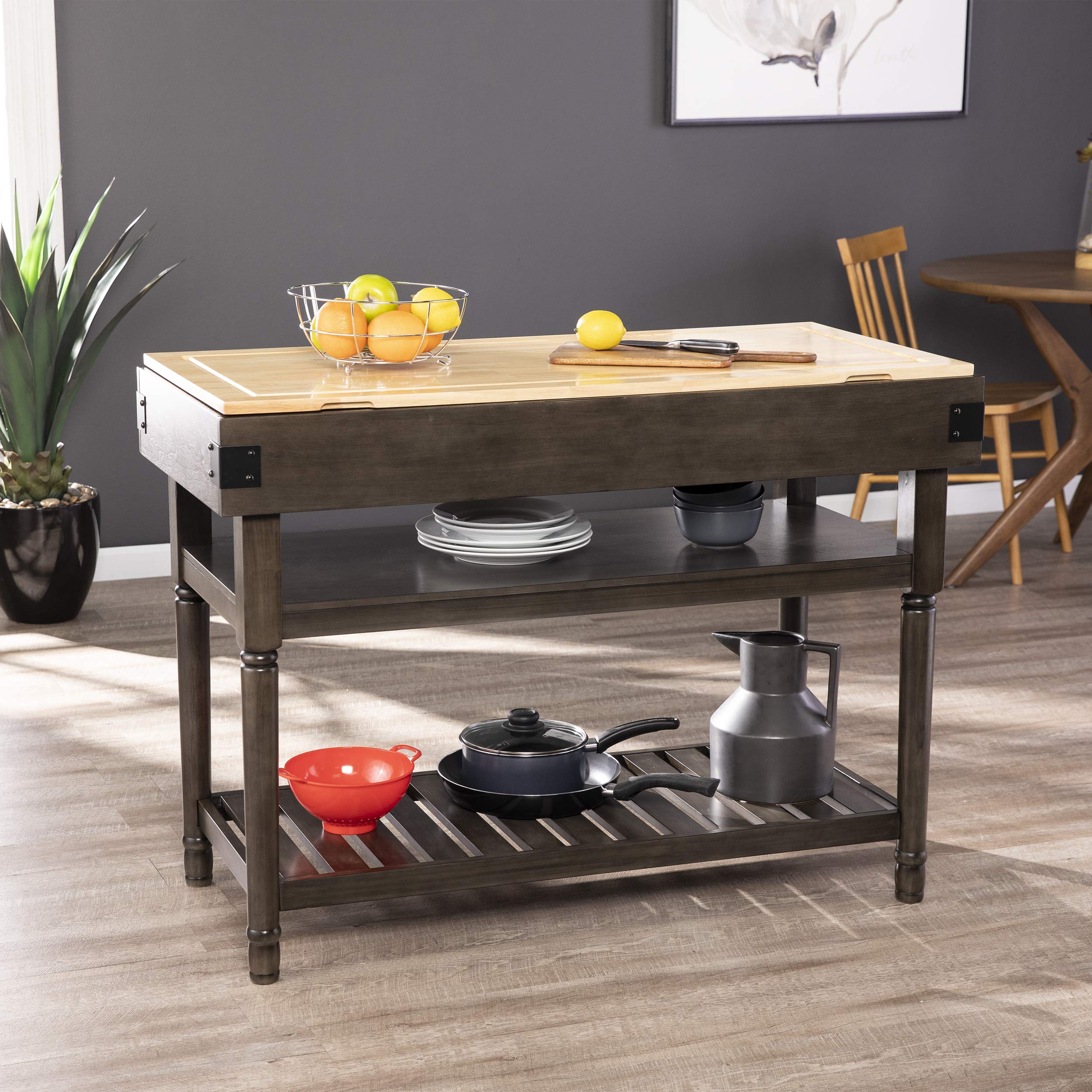 SEI Furniture Waysmere Kitchen Island with Storage - Smoked Ash Finish, Natural Wood Countertop - Perfect for Small Kitchens, Breakfast Bars & Extra Counter Space