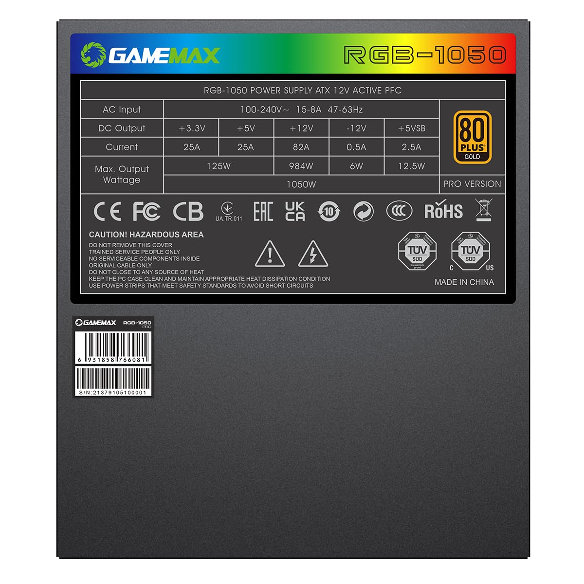 GameMax 1050W Pro Modular 80 Plus Gold Certified Power Supply - 14cm ARGB Fan, High Efficiency PSU for Gaming PC, Workstation & Crypto Mining Rigs