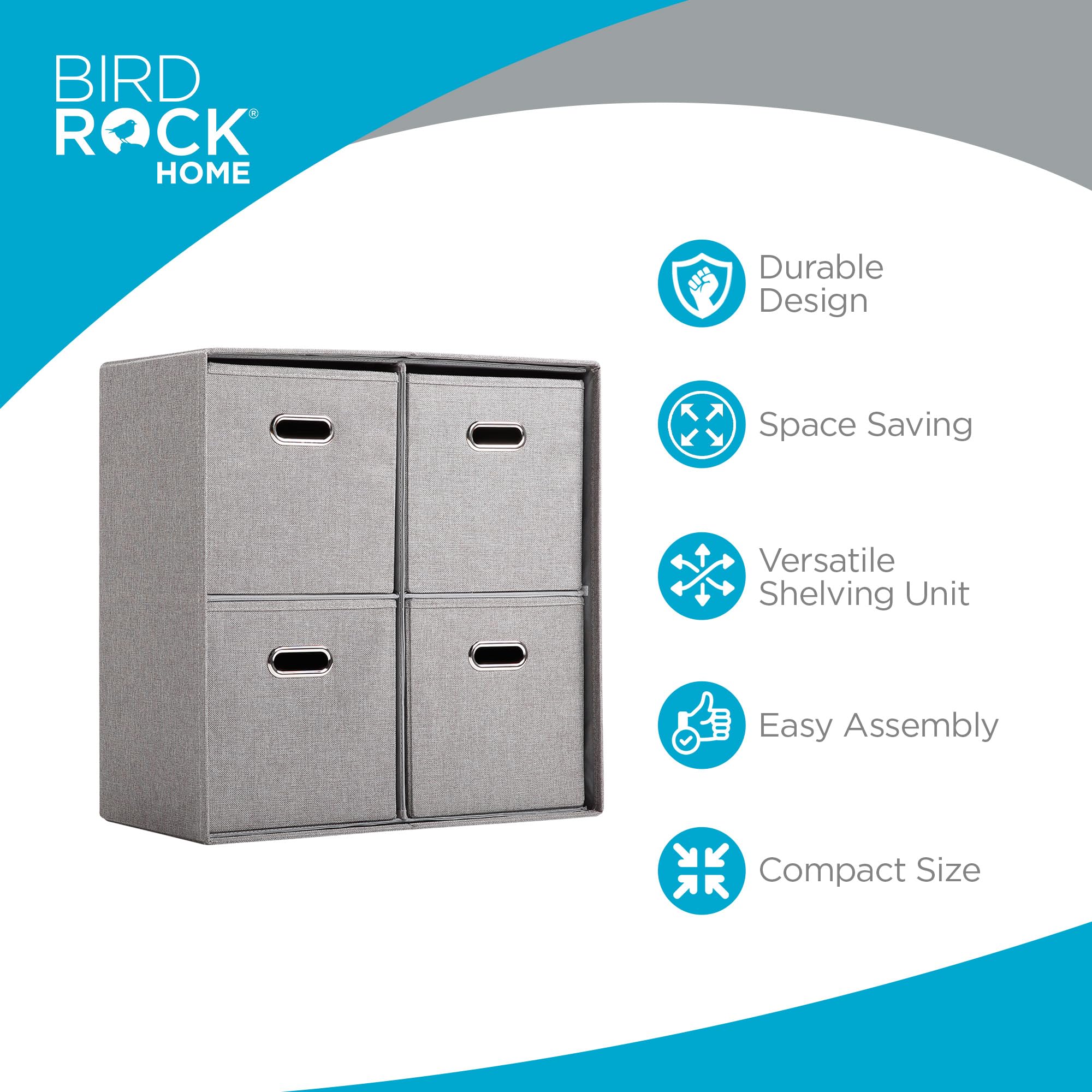 BIRDROCK HOME 4-Bin Linen Cube Organizer Shelf - Durable Collapsible Storage Unit for Bedroom, Closet, Dorm | Space-Saving Shelving for Toys, Clothes, Towels | Grey Home Organization Solution (Perfect for Small Spaces & Kids' Rooms)