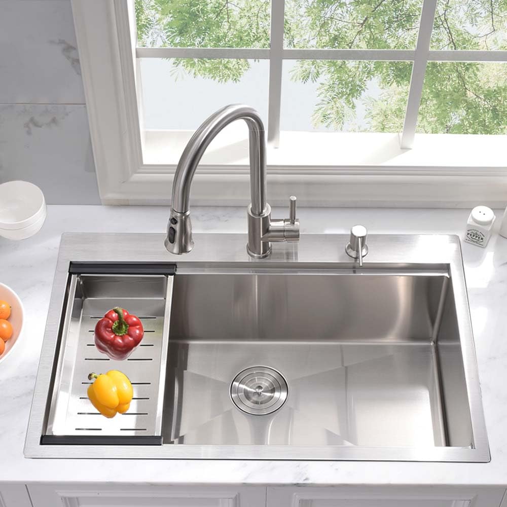 31x20 Inch Stainless Steel Single Bowl Drop-In Kitchen Sink Workstation - 16 Gauge Handmade Topmount Sink with Cutting Board | Perfect for Food Prep, Dishwashing & Small Kitchen Spaces