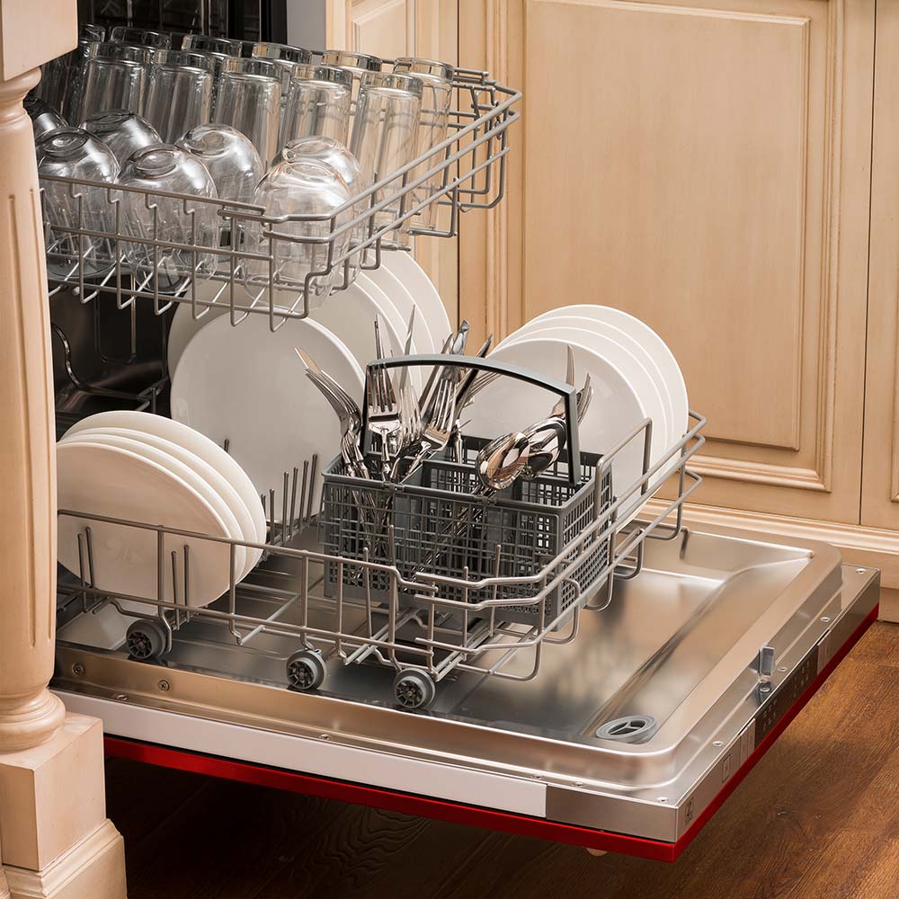 ZLINE 24 Inch Built-In Dishwasher with Red Gloss Finish, Stainless Steel Tub & Traditional Handle - Ultra Quiet 52dBa (DW RG 24) | Perfect for Modern Kitchens, Small Spaces & Open-Concept Homes