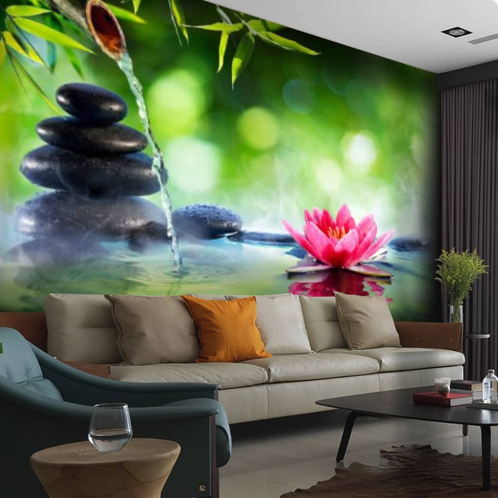 Zen Garden Canvas Wallpaper - Spa Stones & Waterlily with Fountain Self-Adhesive Peel & Stick Wall Mural, Wall Decal for Living Room, Bedroom, Office | Easy Home Decor Upgrade for Meditation Spaces & Relaxing Atmospheres