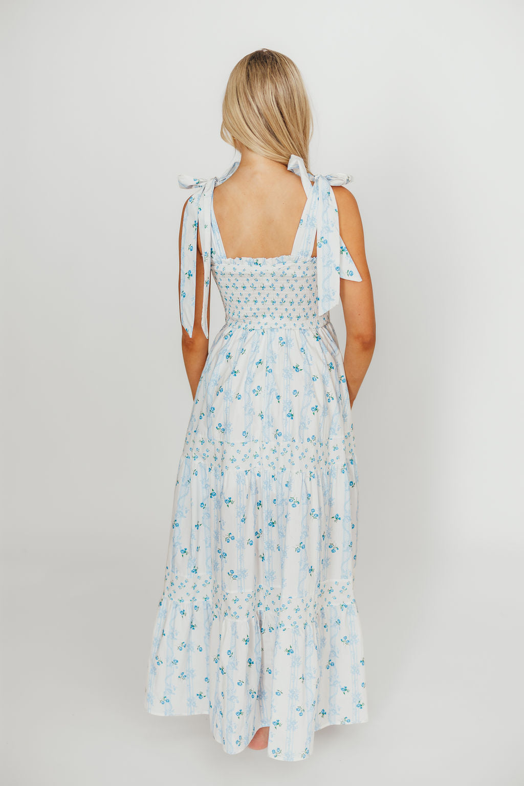 Kathryn Floral Print Tie Shoulder Maxi Dress - Ivory & Blue Floral Summer Dress for Women | Perfect for Beach Vacations, Weddings & Date Nights