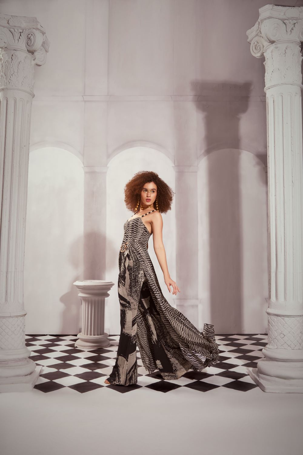 Black & White Byzantine Print High Slit Maxi Dress - Elegant Evening Gown for Parties, Weddings & Special Occasions