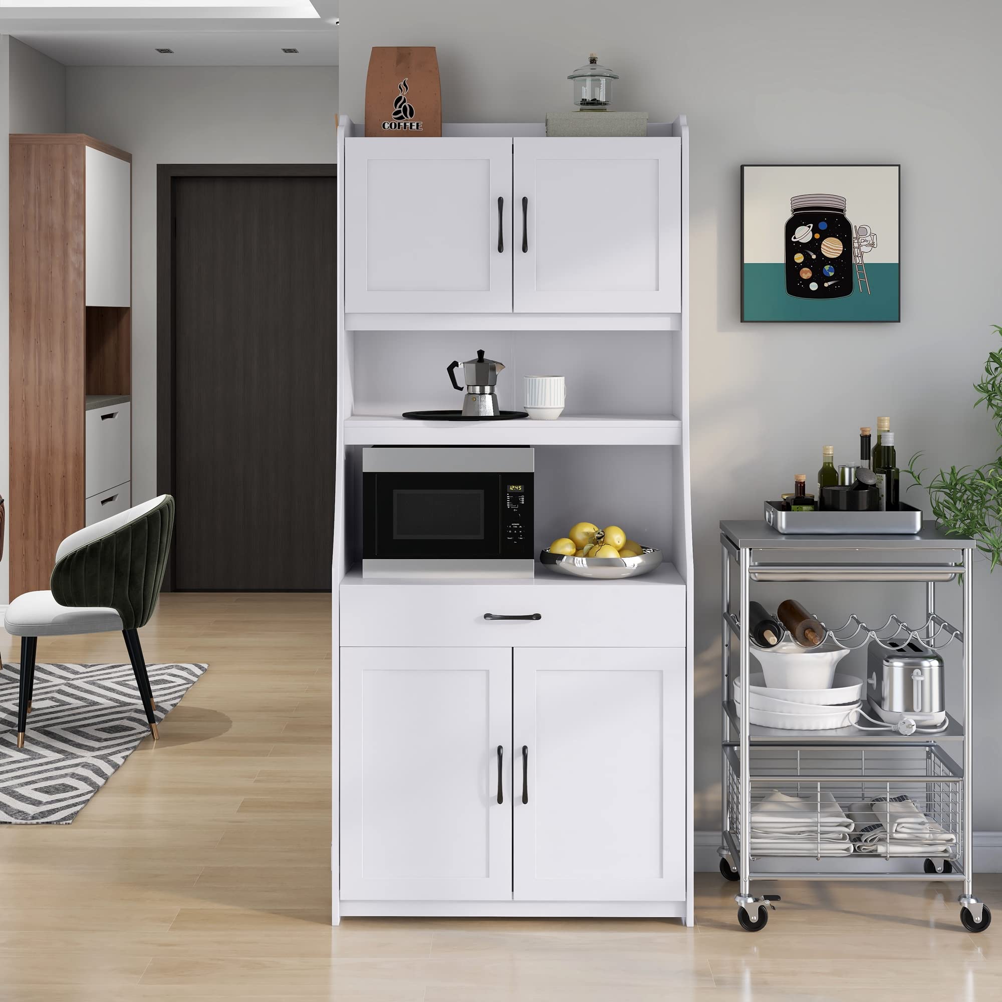 Modern Kitchen Pantry Cabinet with Drawers & Doors - White for Dining Room Storage