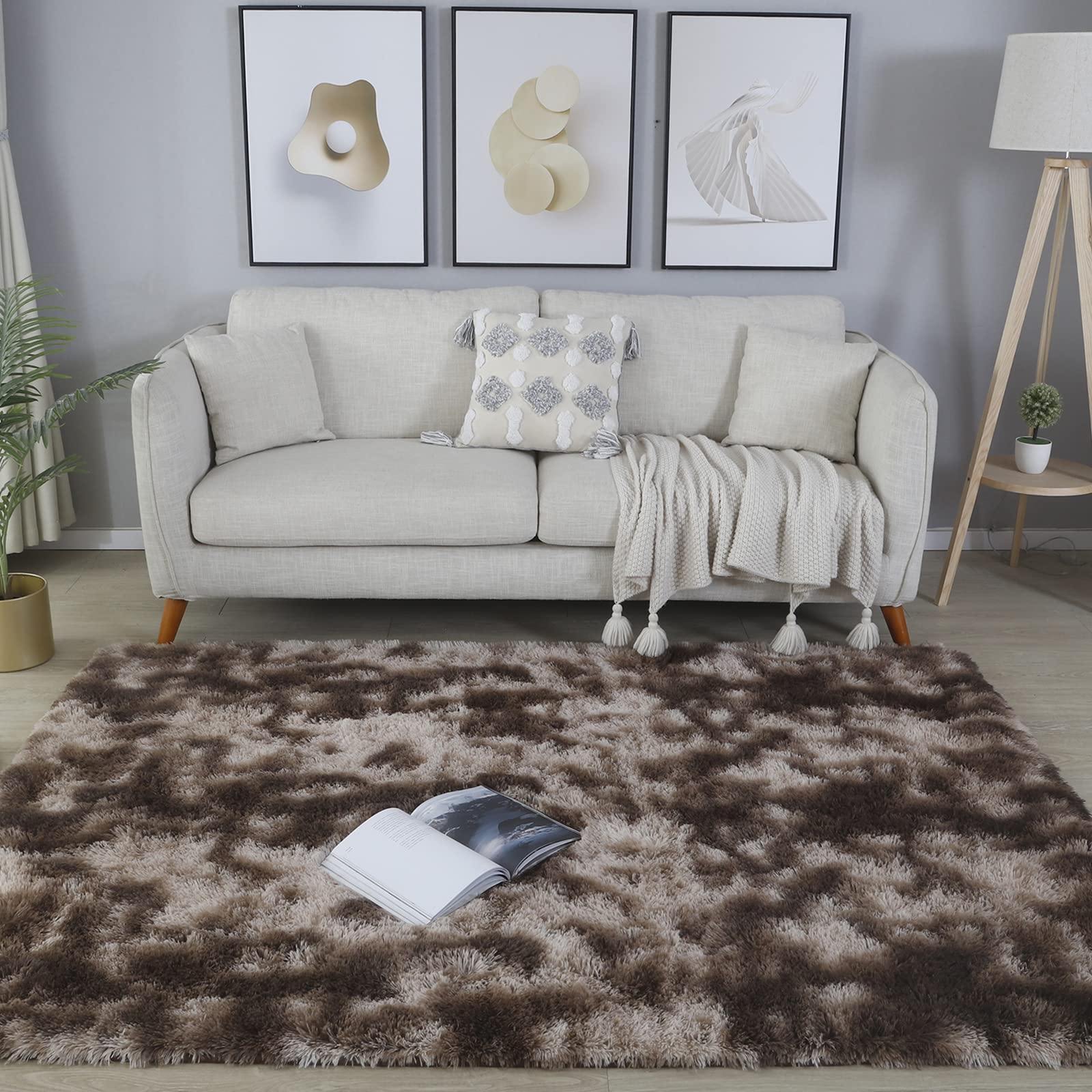 8x10 Feet Shag Area Rug - Soft Plush Indoor Carpet for Living Room, Bedroom | Modern Luxury Tie-Dyed Coffee Design | Home Decor & Cozy Floor Covering - Perfect for Family Gatherings, Relaxation & Stylish Interior Design