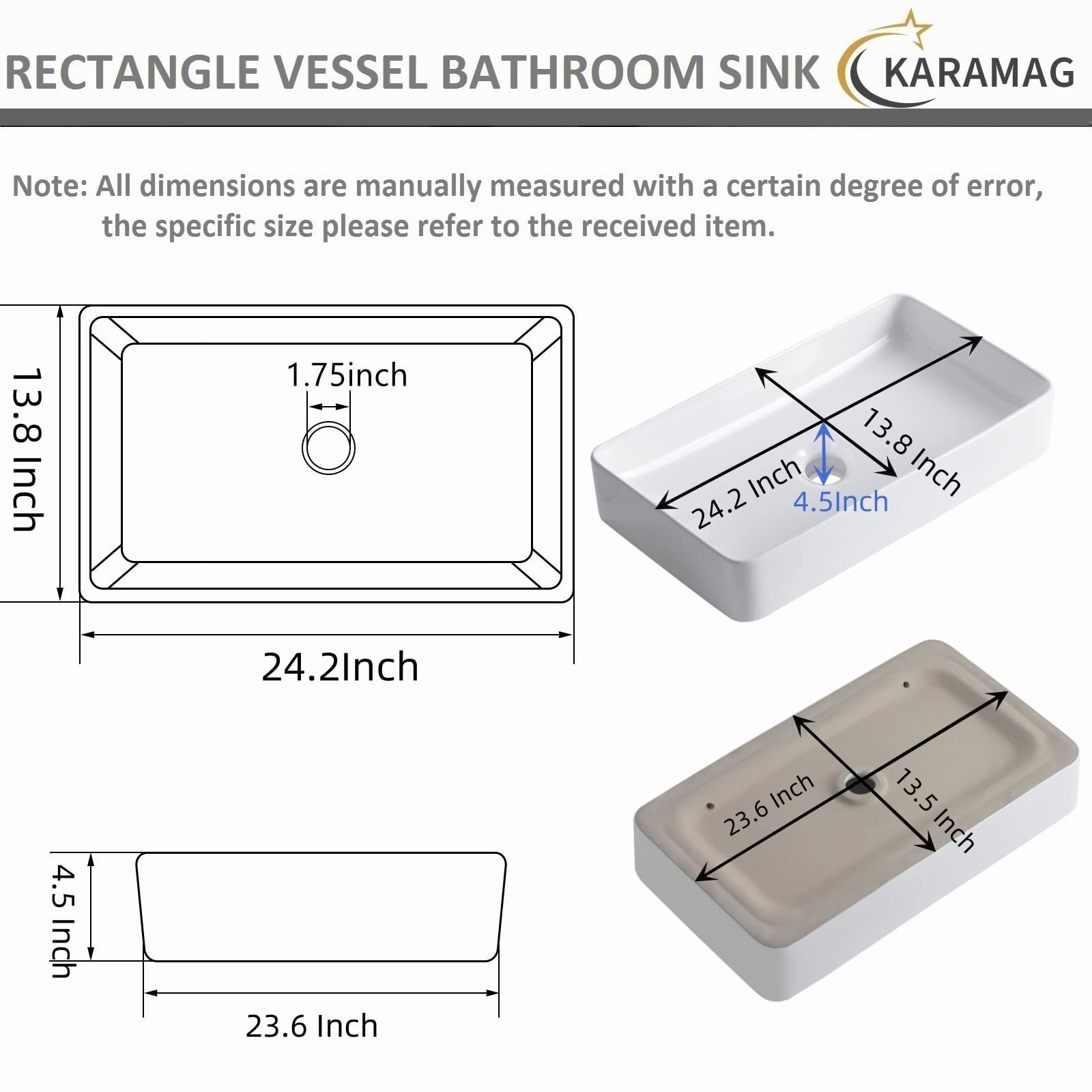 White Ceramic Vessel Sink 24x14 Inch - Rectangular Above Counter Bathroom Sink Bowl for Vanity, Powder Room & Modern Bath Decor - Durable Porcelain Small Sink for Contemporary Homes & Luxury Hotels