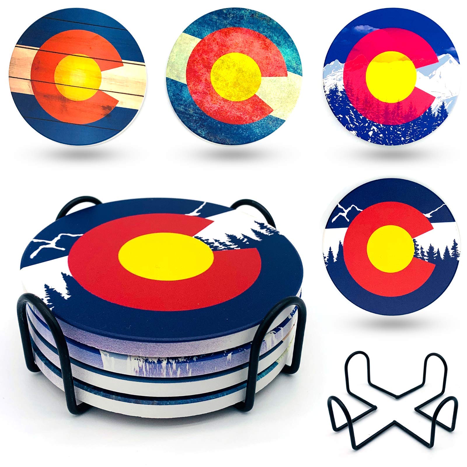 4-Pack Ceramic Absorbent Drink Coasters with Holder - Colorado Flag Stone Design, Cork Bottom for Coffee & Beverages - Perfect for Outdoor Patio, Wooden Tables & Home Decor