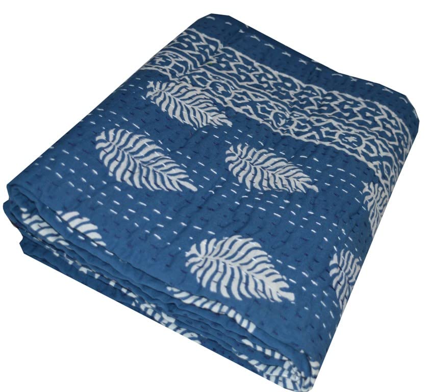 Handmade Indian Block Print Kantha Quilt - Queen Size 90x108 Inch Blue Cotton Throw Blanket & Bedspread for Cozy Home Decor, Boho Bedroom, and Gift Giving