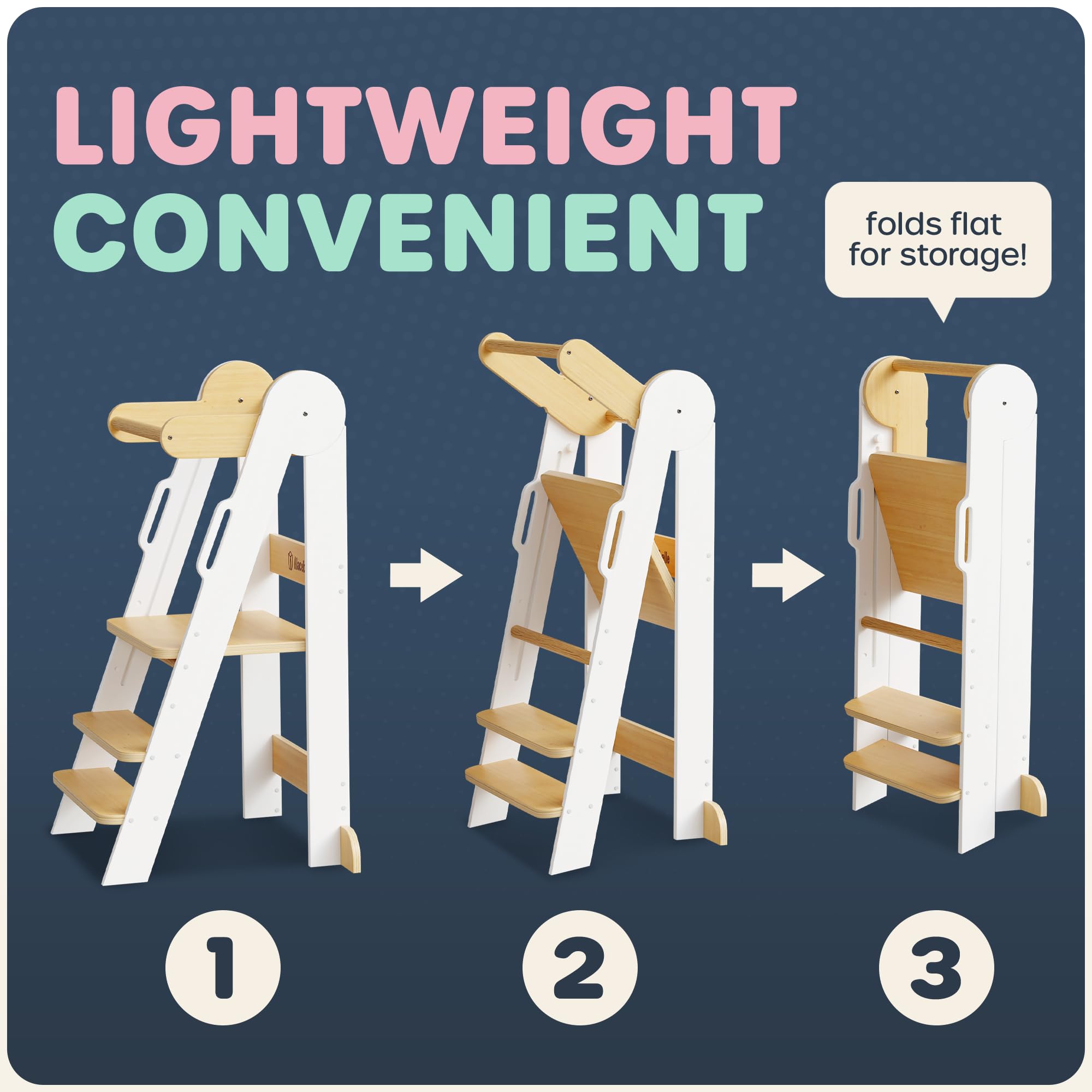 CPSC Certified Adjustable Toddler Tower with Safety Bar & Screw Covers - Montessori Learning Step Stool for Kitchen Sink, Bathroom & Playroom - 3 Height Levels for Kids Standing & Learning Independence