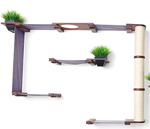 Multi-Level Cat Hammock & Climbing Wall Shelf - Space Saving Cat Activity Center with Scratching Posts, English Chestnut/Charcoal - Perfect for Indoor Cats, Small Apartments & Wall-Mounted Play Areas