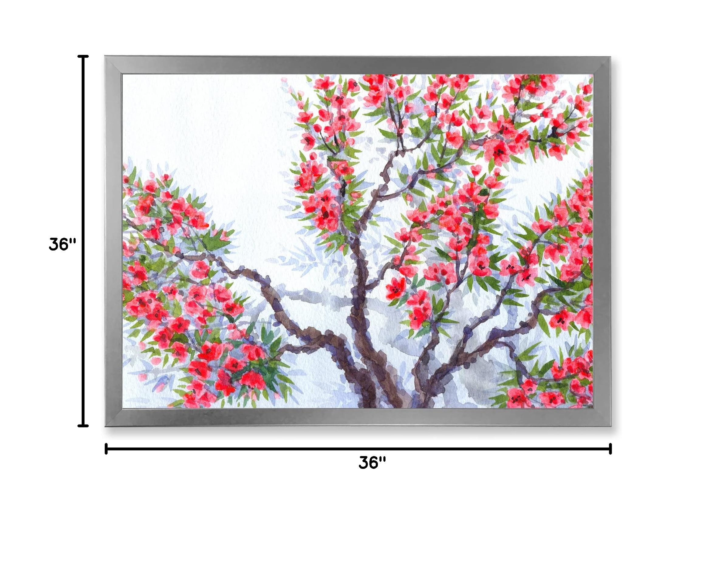 DesignQ Red Flowers of Spring Tree Traditional Framed Wall Art - Hand Painted Canvas Painting for Living Room, Bedroom & Office Decor