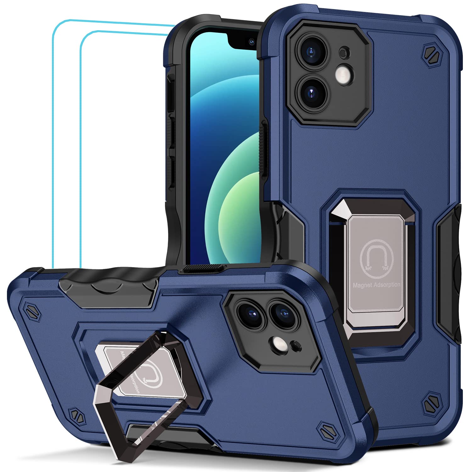 TORRTOWAY Magnetic Shockproof Case for iPhone 12 with Built-in Kickstand & Screen Protector - Compatible with Car Mount, Camera Protection - Durable Phone Cover for Work, Travel & Outdoor Activities (Blue)