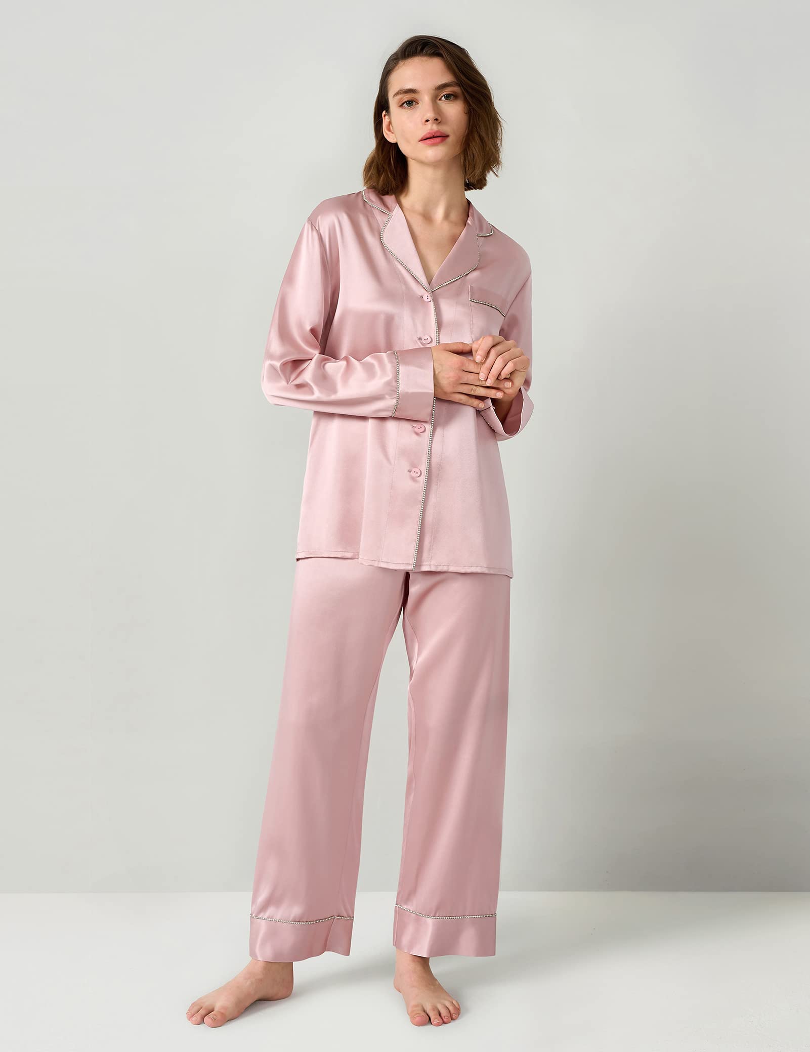 LilySilk Women's 100% Pure Silk Pajama Set with Rhinestone Trim - Long Sleeve Button Down Sleepwear & Loungewear for Luxury Comfort at Home or Travel