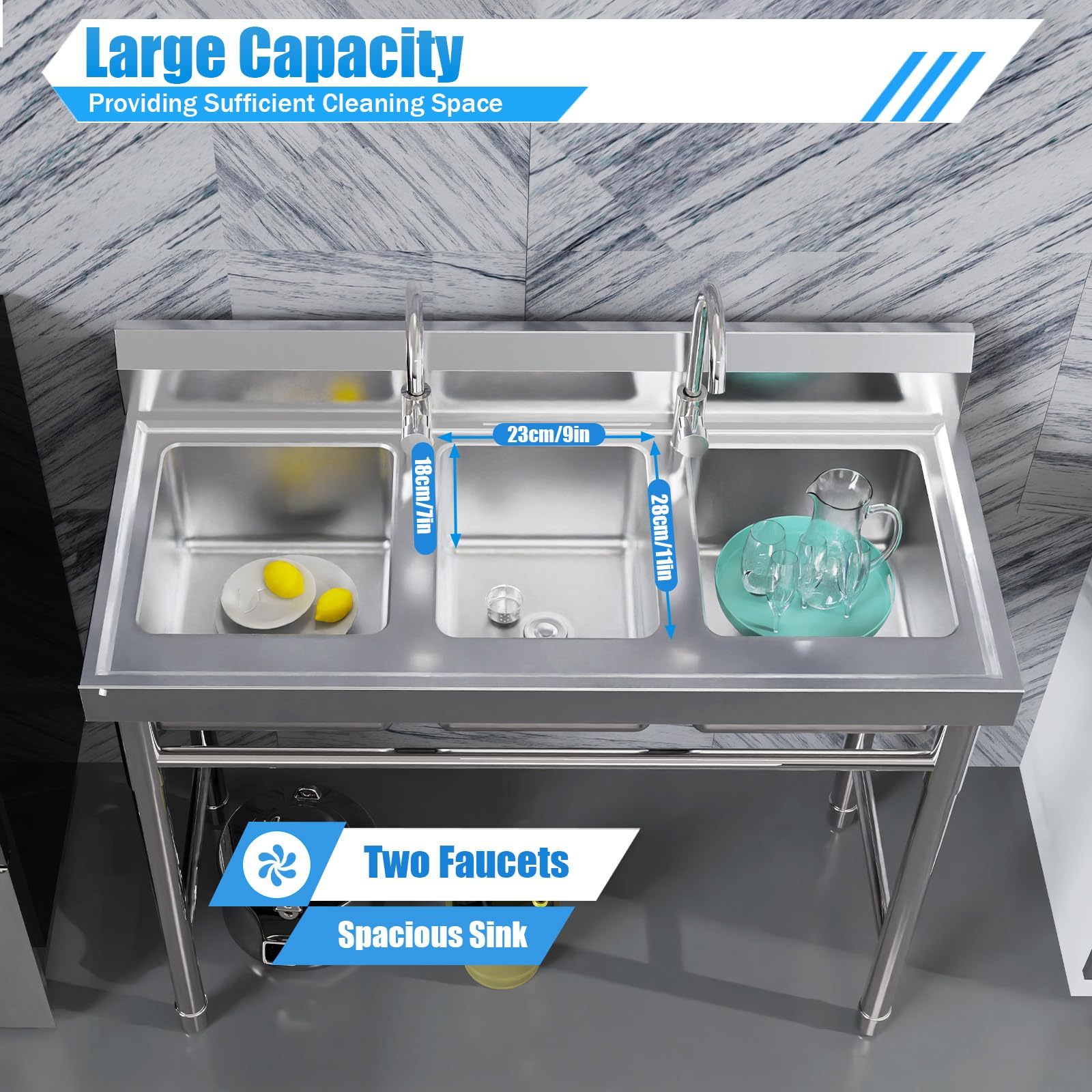 3-Compartment NSF 304 Stainless Steel Commercial Utility Sink with 11