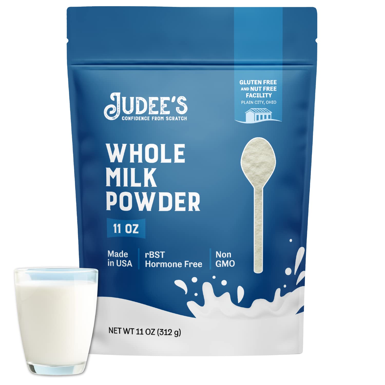Judee's Gluten Free Pure Whole Milk Powder - Non-GMO, Hormone Free, rBST Free, Nut Free - USA Made Shelf Stable Powdered Milk (11oz) for Baking, Cooking, Coffee & Emergency Food Storage - Perfect for Camping, Travel & Pantry Essentials