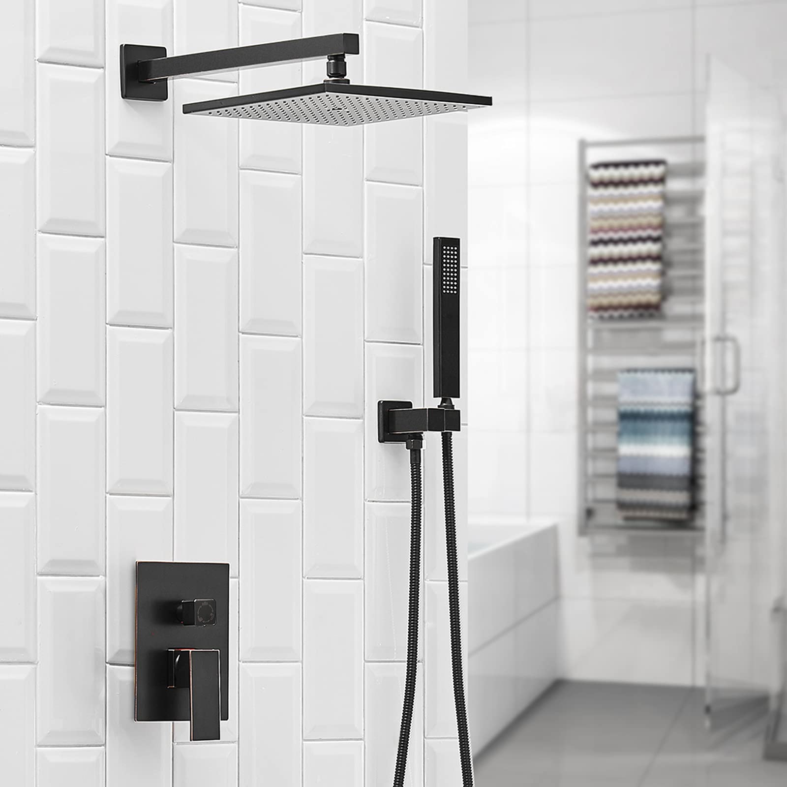 BWE 12 Inch Oil Rubbed Bronze Shower System - Luxury Rainfall Mixer Faucet with Waterfall Spout, Pressure Balancing Valve & 3-Function Wall Mount for Bathroom (Perfect for Spa-Like Showers & Modern Bathroom Renovations)