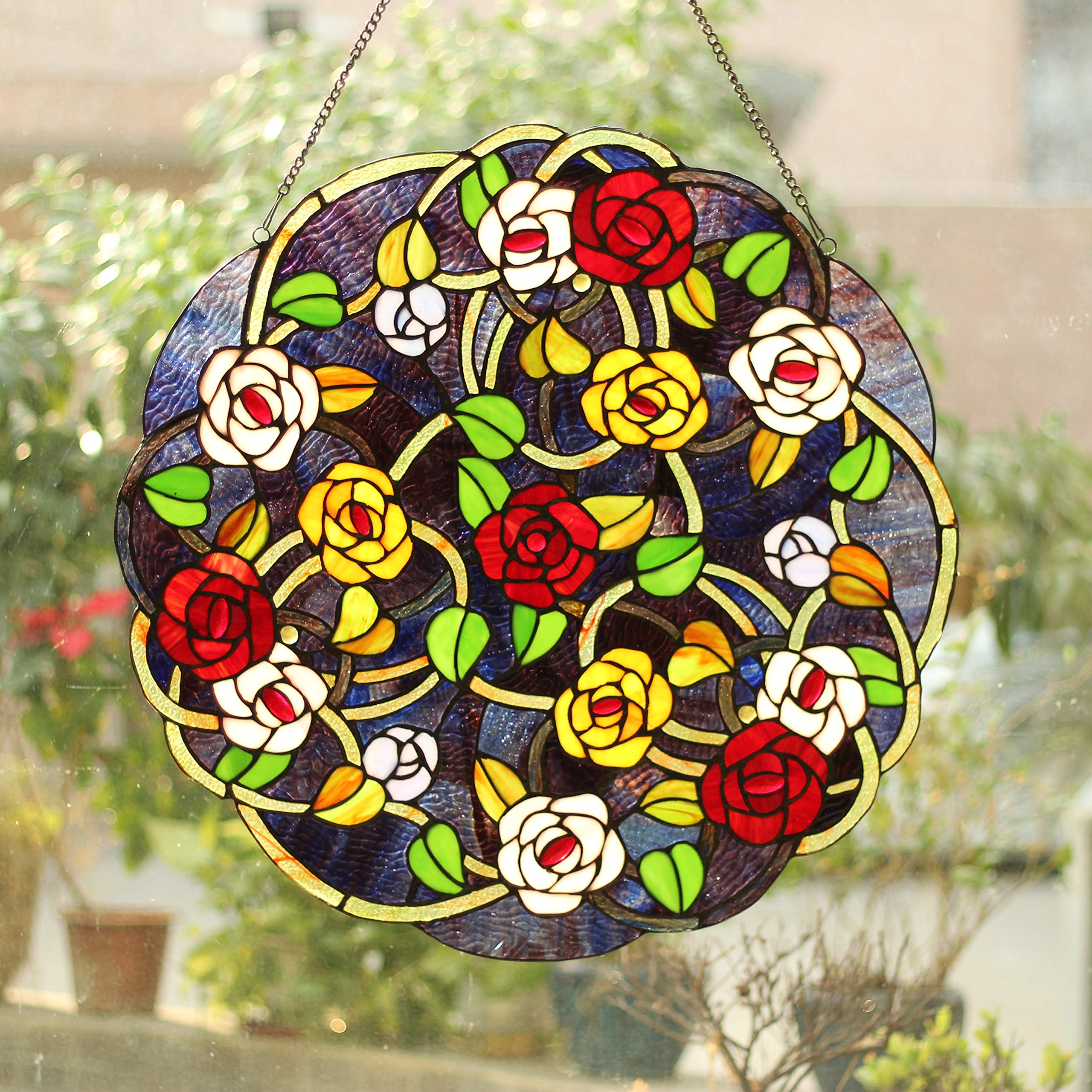 Tiffany-Style Stained Glass Roses Window Panel - 24 Inch Handcrafted Art Glass Decor for Home, Church & Office