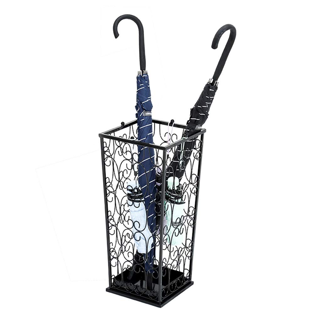 Rustic Black Umbrella Stand with 4 Hooks - Farmhouse Entryway Organizer for Long & Half Umbrellas - Indoor Hollow-Out Design - Perfect for Home, Office, and Mudroom Storage